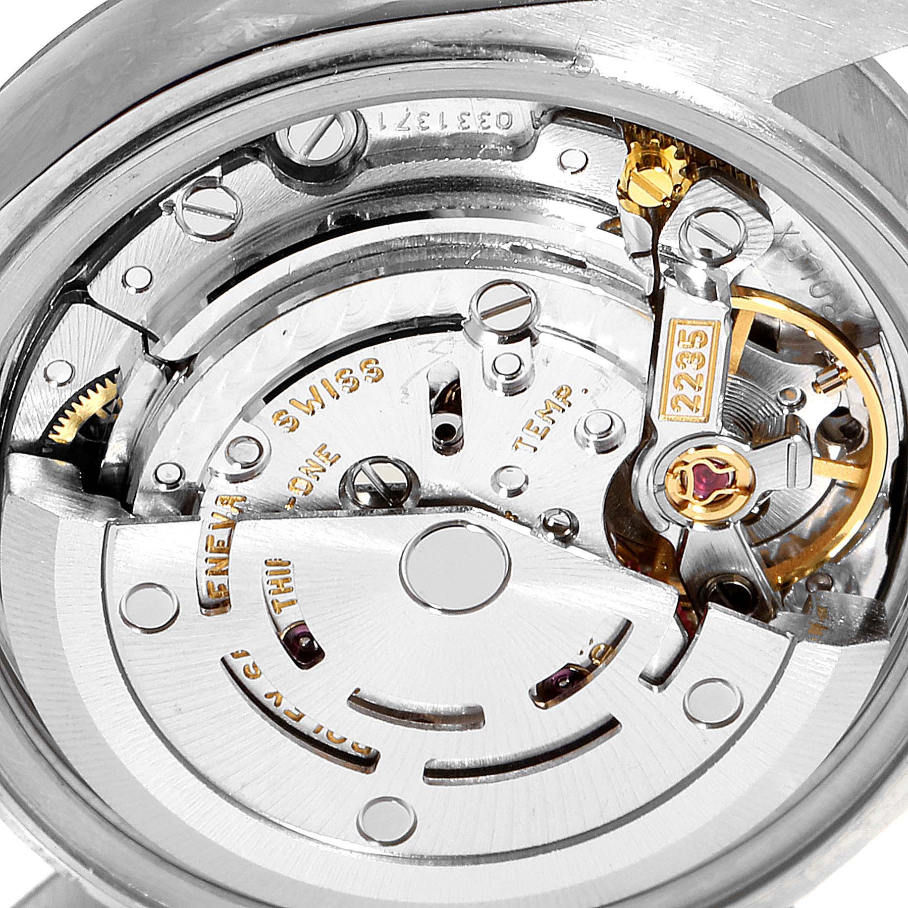 This is a close-up of the movement mechanism inside a Rolex Datejust 79174 Women's Stainless Steel Blue Dial 79174 Women's Stainless Steel Blue Dial model watch, highlighting the intricate internal components.