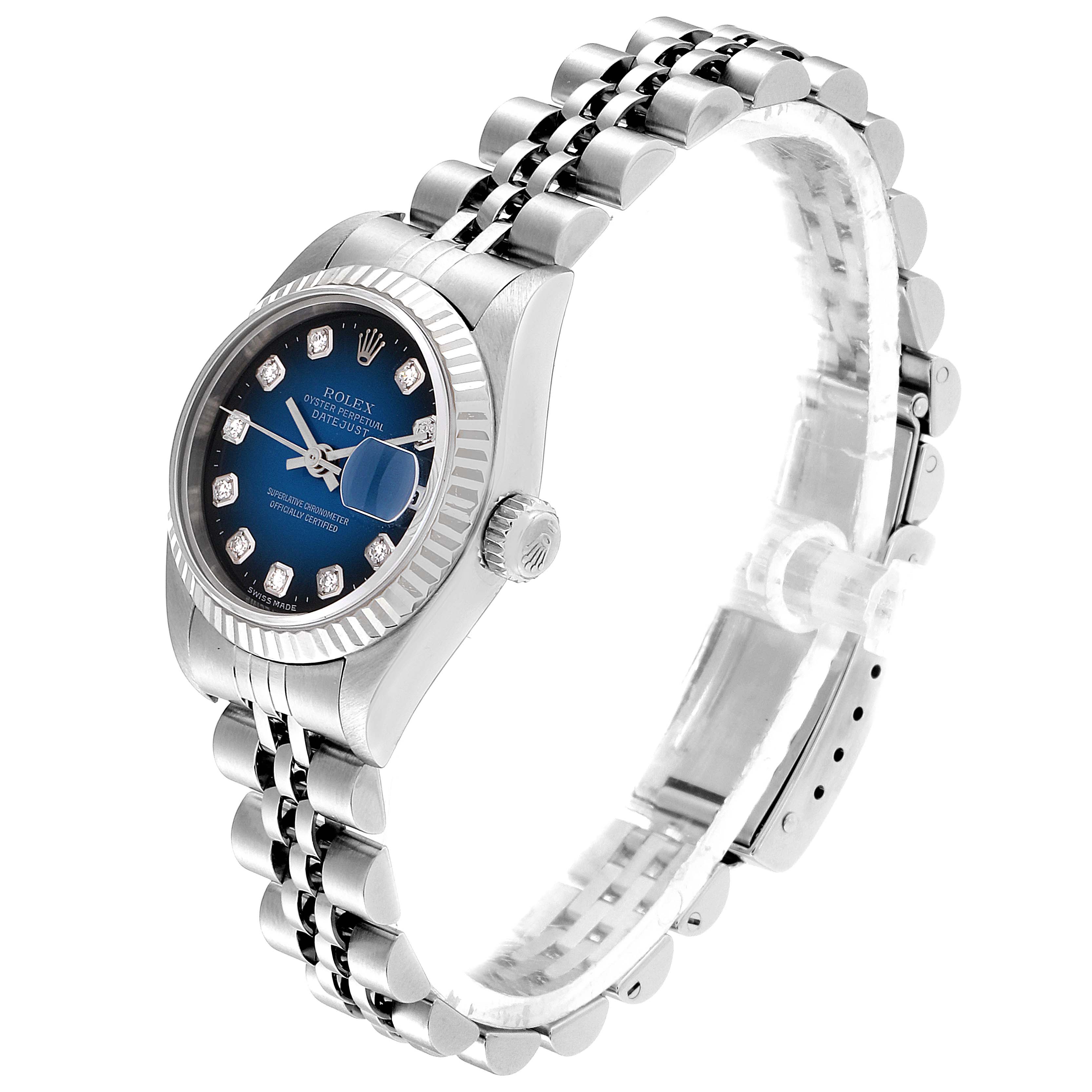 The Rolex Datejust 79174 Women's Stainless Steel Blue Dial 79174 Women's Stainless Steel Blue Dial watch is shown at a front-side angle, highlighting the dial, bezel, crown, and bracelet.