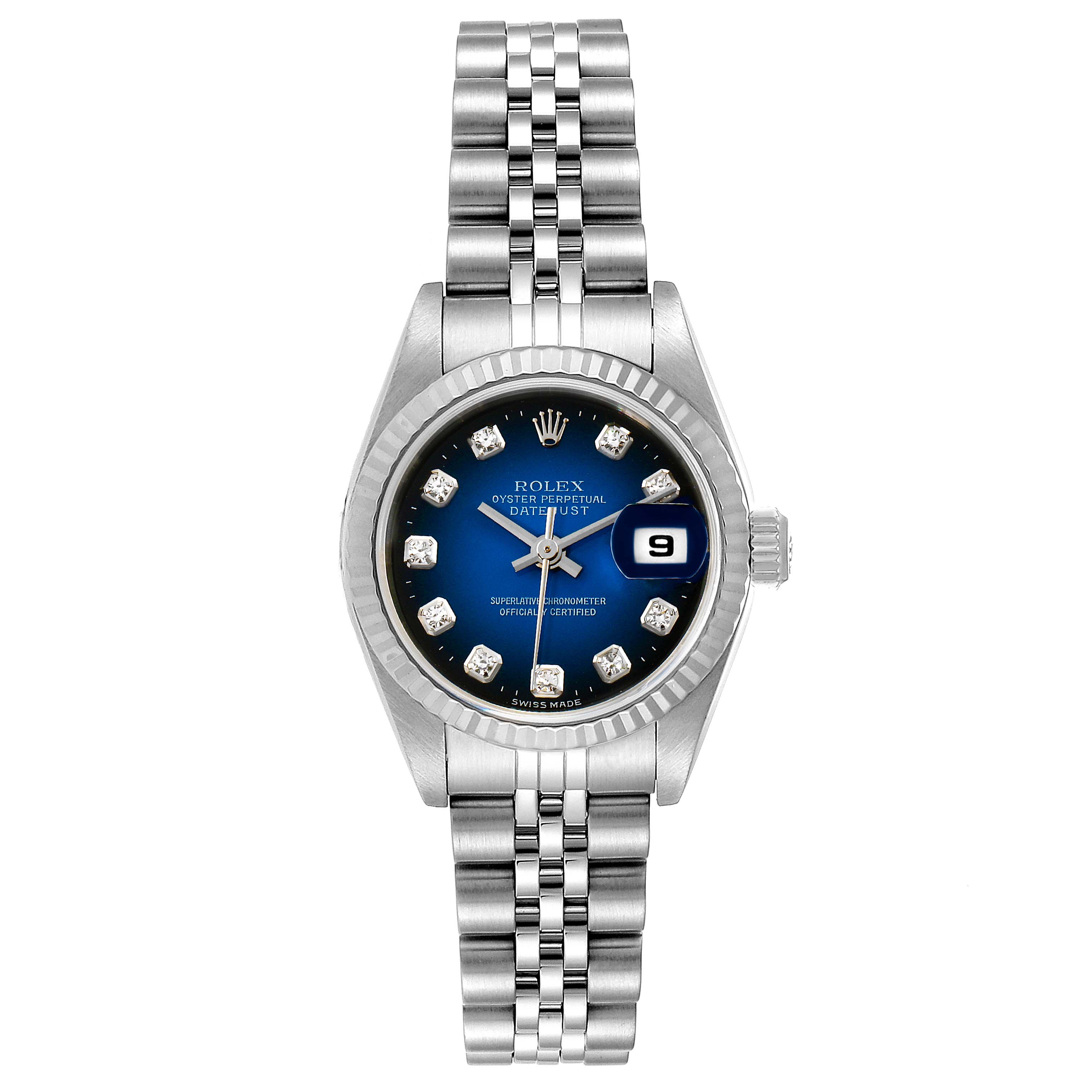 The image shows a front view of a Rolex Datejust 79174 Women's Stainless Steel Blue Dial 79174 Women's Stainless Steel Blue Dial watch featuring a blue dial, diamond markers, and a Jubilee bracelet.
