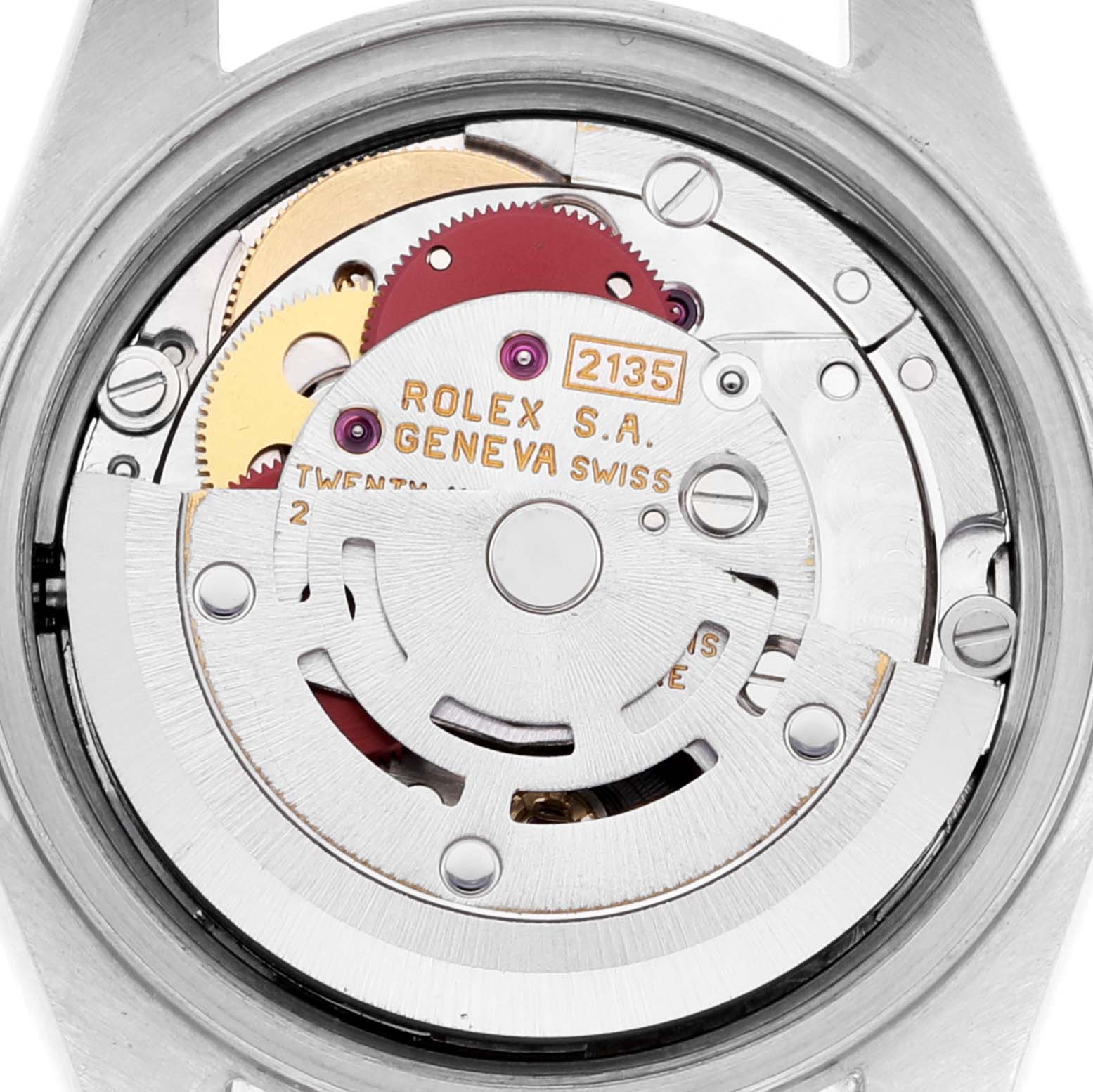 This image shows the internal movement mechanism of a Rolex Datejust 69174 Women's Stainless Steel Silver Dial 69174 Women's Stainless Steel Silver Dial watch from a back angle.