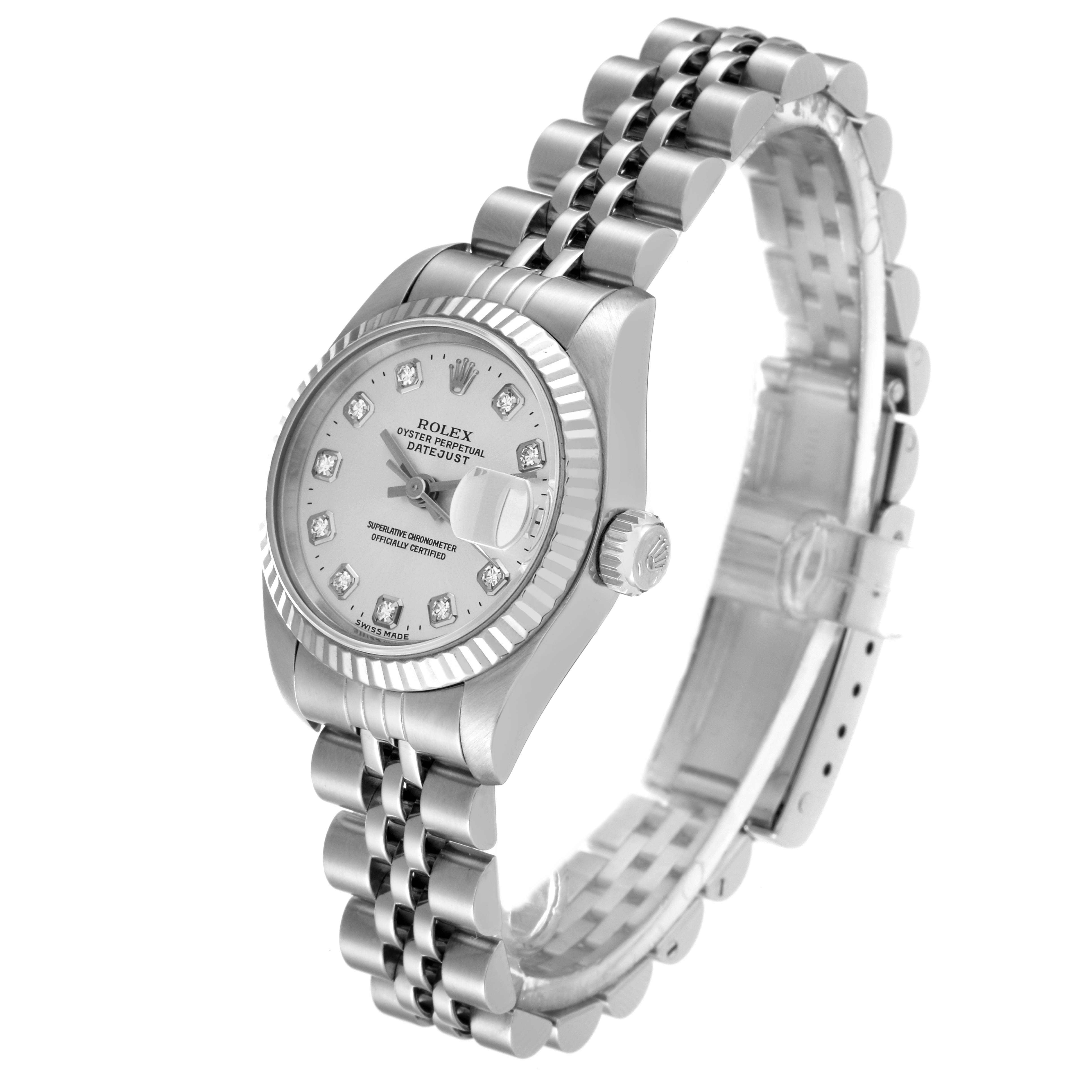 The image shows a side angle of the Rolex Datejust 69174 Women's Stainless Steel Silver Dial 69174 Women's Stainless Steel Silver Dial watch, highlighting its dial, bezel, crown, and bracelet.