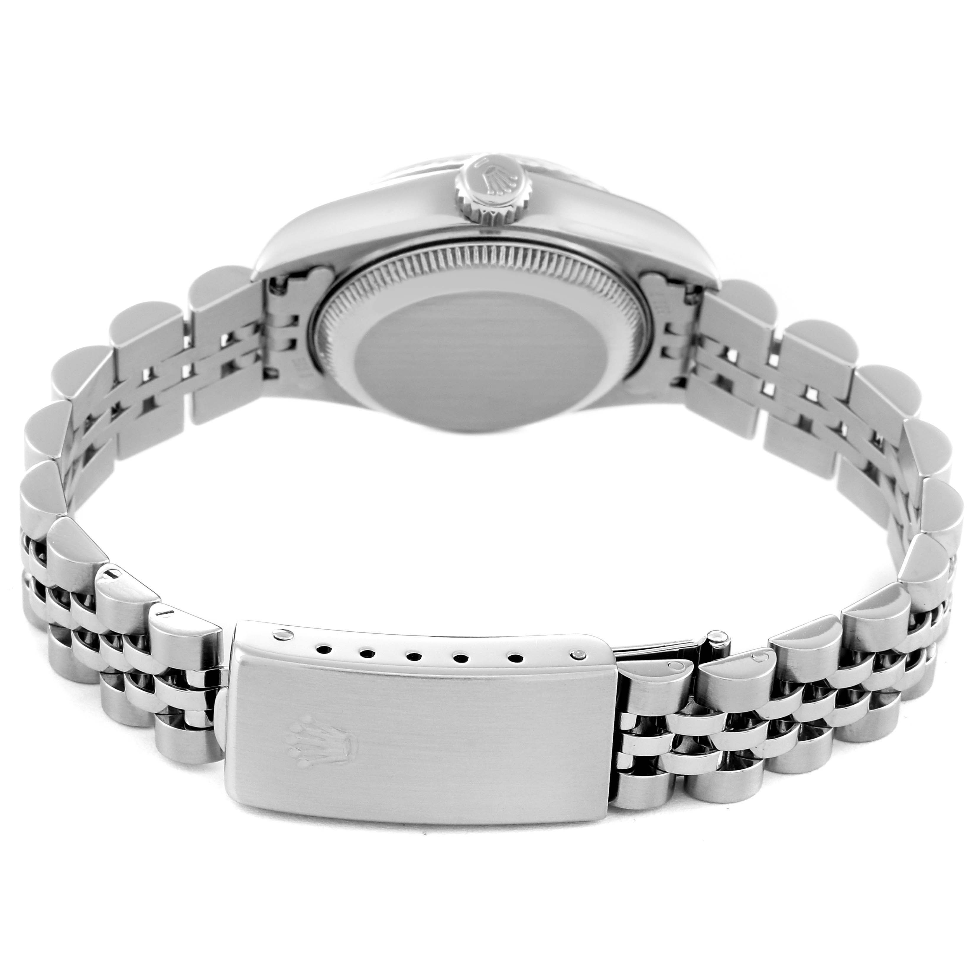 The image shows the back view of a Rolex Datejust 69174 Women's Stainless Steel Silver Dial 69174 Women's Stainless Steel Silver Dial watch, highlighting the bracelet and clasp.