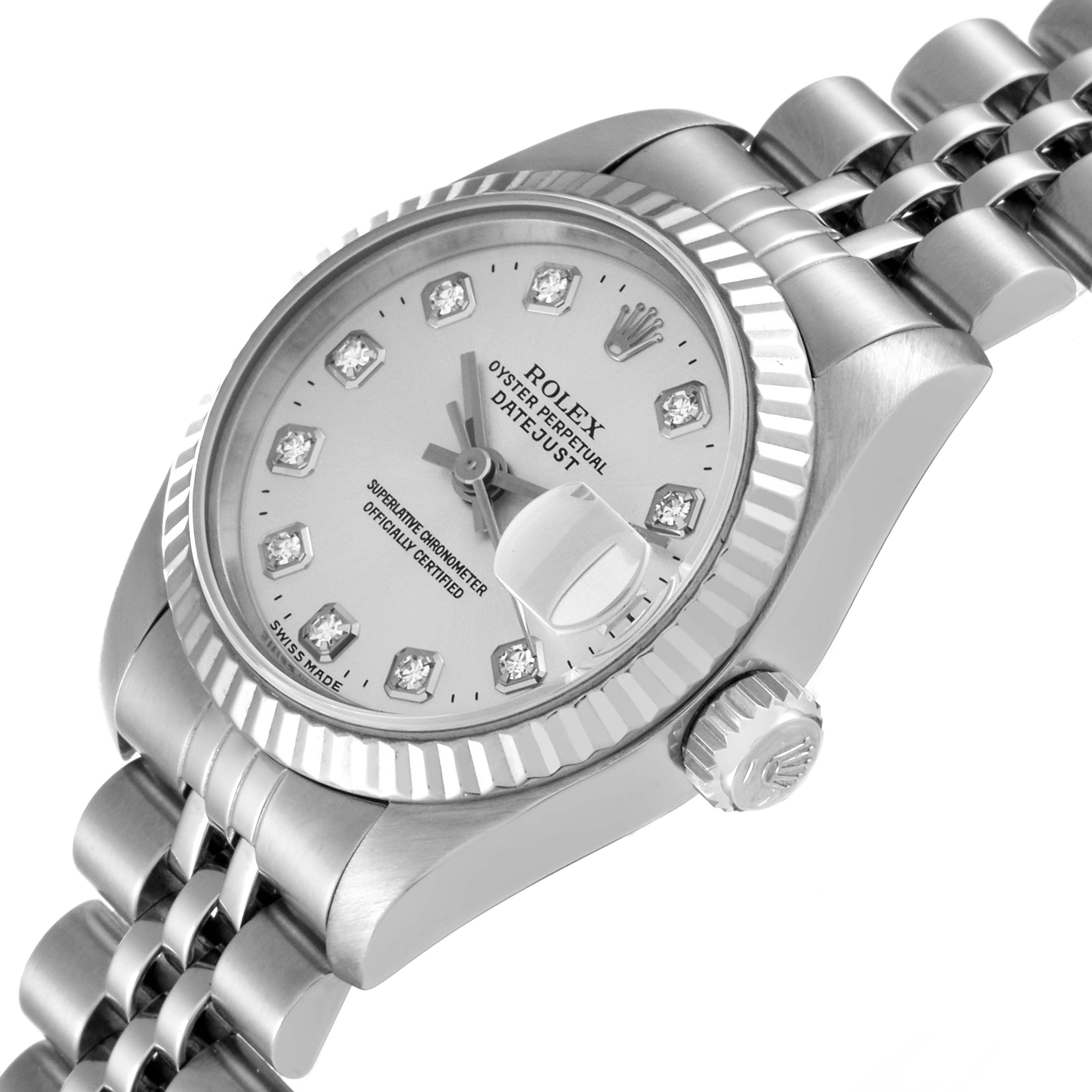 The image shows a Rolex Datejust 69174 Women's Stainless Steel Silver Dial 69174 Women's Stainless Steel Silver Dial watch at an angle displaying the dial, bezel, crown, and part of the bracelet.