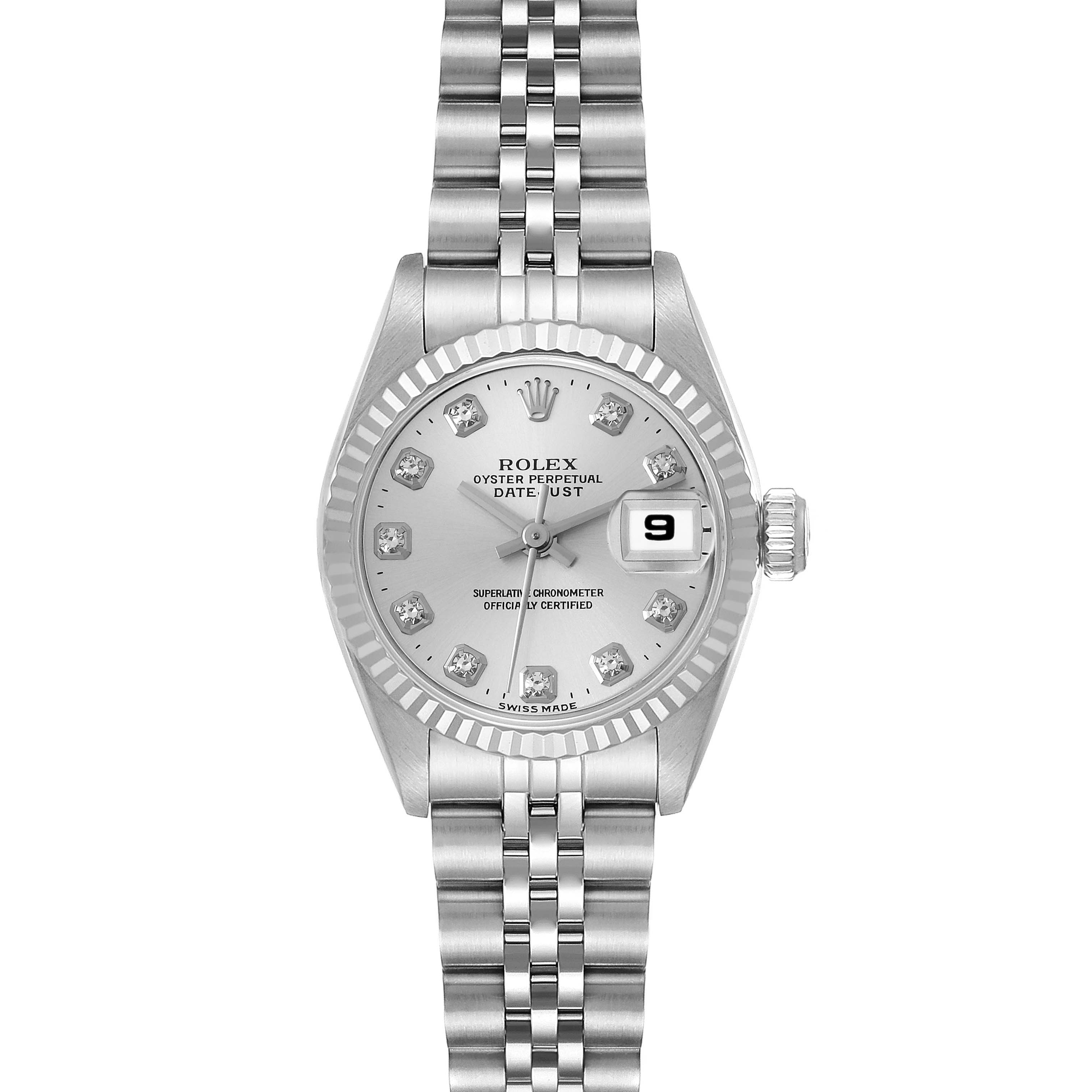 This is a front view of a Rolex Datejust 69174 Women's Stainless Steel Silver Dial 69174 Women's Stainless Steel Silver Dial watch, showcasing the dial, bezel, and bracelet.