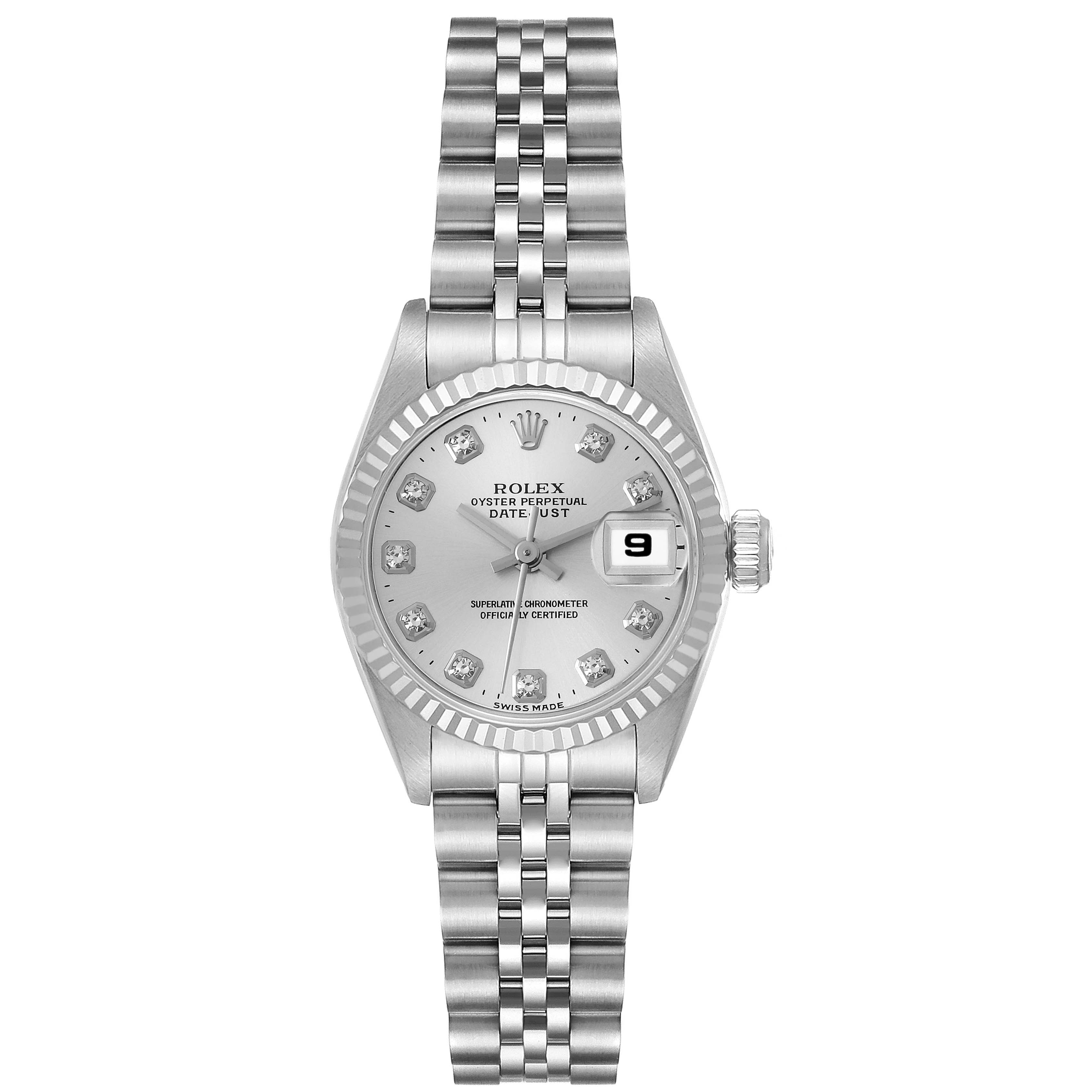 This image shows a front view of a Rolex Datejust 69174 Women's Stainless Steel Silver Dial 69174 Women's Stainless Steel Silver Dial watch with a silver dial and a five-link Jubilee bracelet.