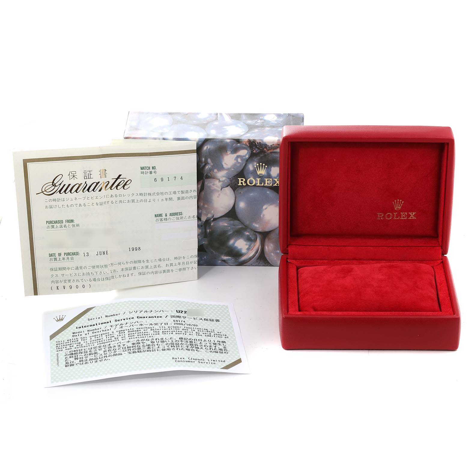 The image shows a Rolex Datejust 69174 Women's Stainless Steel Silver Dial 69174 Women's Stainless Steel Silver Dial watch box, guarantee card, and documentation from a slightly elevated front angle.