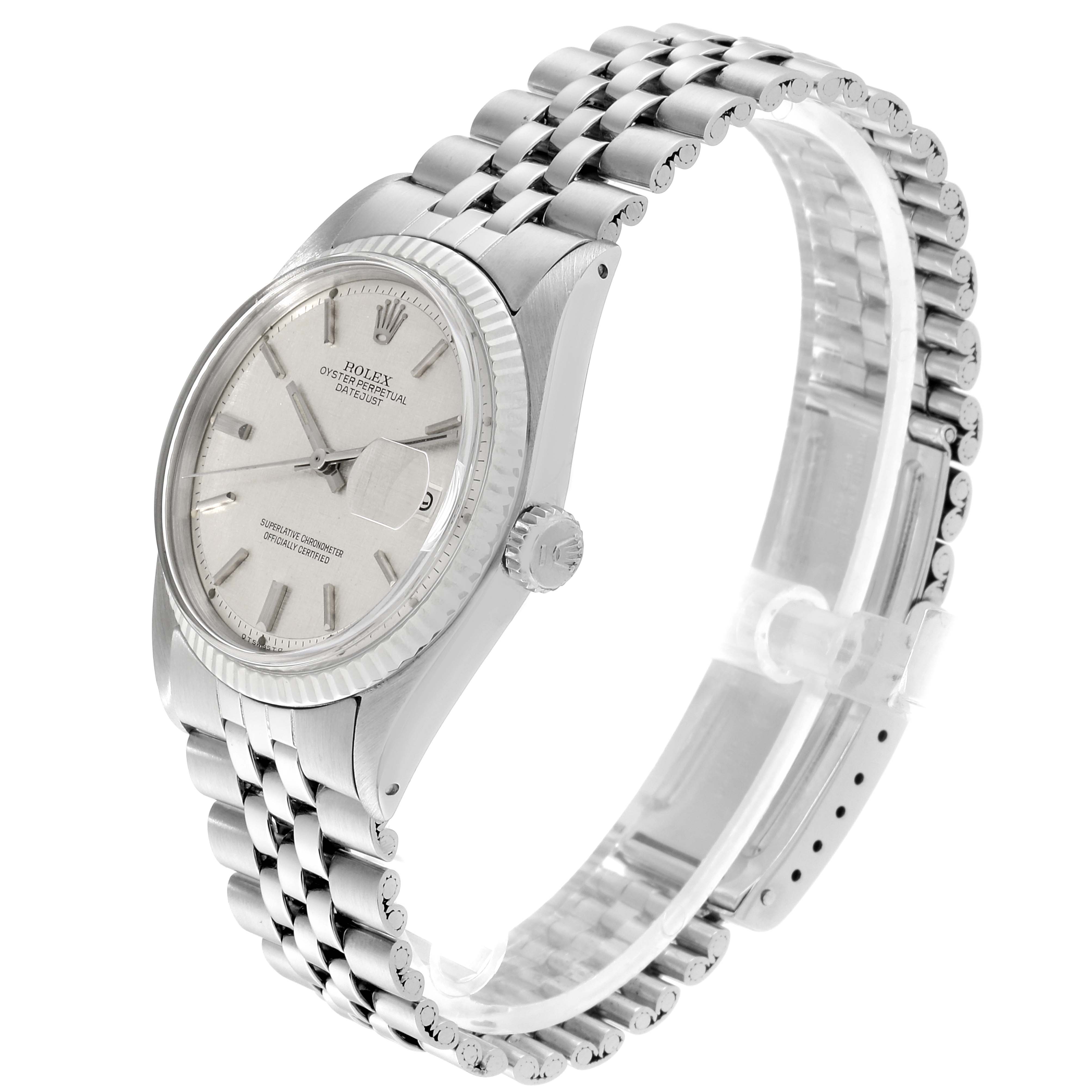 This image shows a side view of the Rolex Vintage Collection 1601 Men
s Stainless Steel Silver Dial 1601 Men
s Stainless Steel Silver Dial watch, highlighting its dial, bezel, crown, and bracelet.