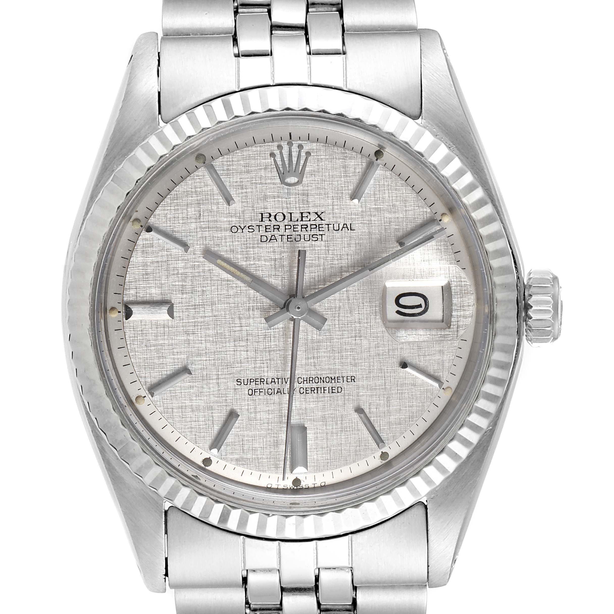The image shows a Rolex Vintage Collection 1601 Men
s Stainless Steel Silver Dial 1601 Men
s Stainless Steel Silver Dial model watch, front view, displaying the face, bezel, crown, and part of the bracelet.