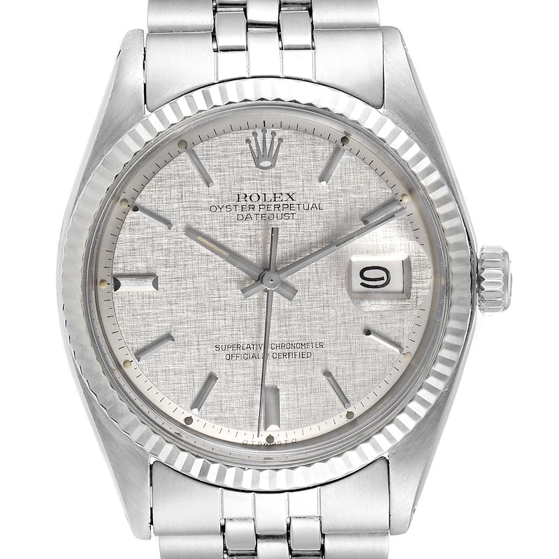 Rolex Datejust Steel White Gold Linen Dial Vintage Watch 1601 Box Papers SwissWatchExpo