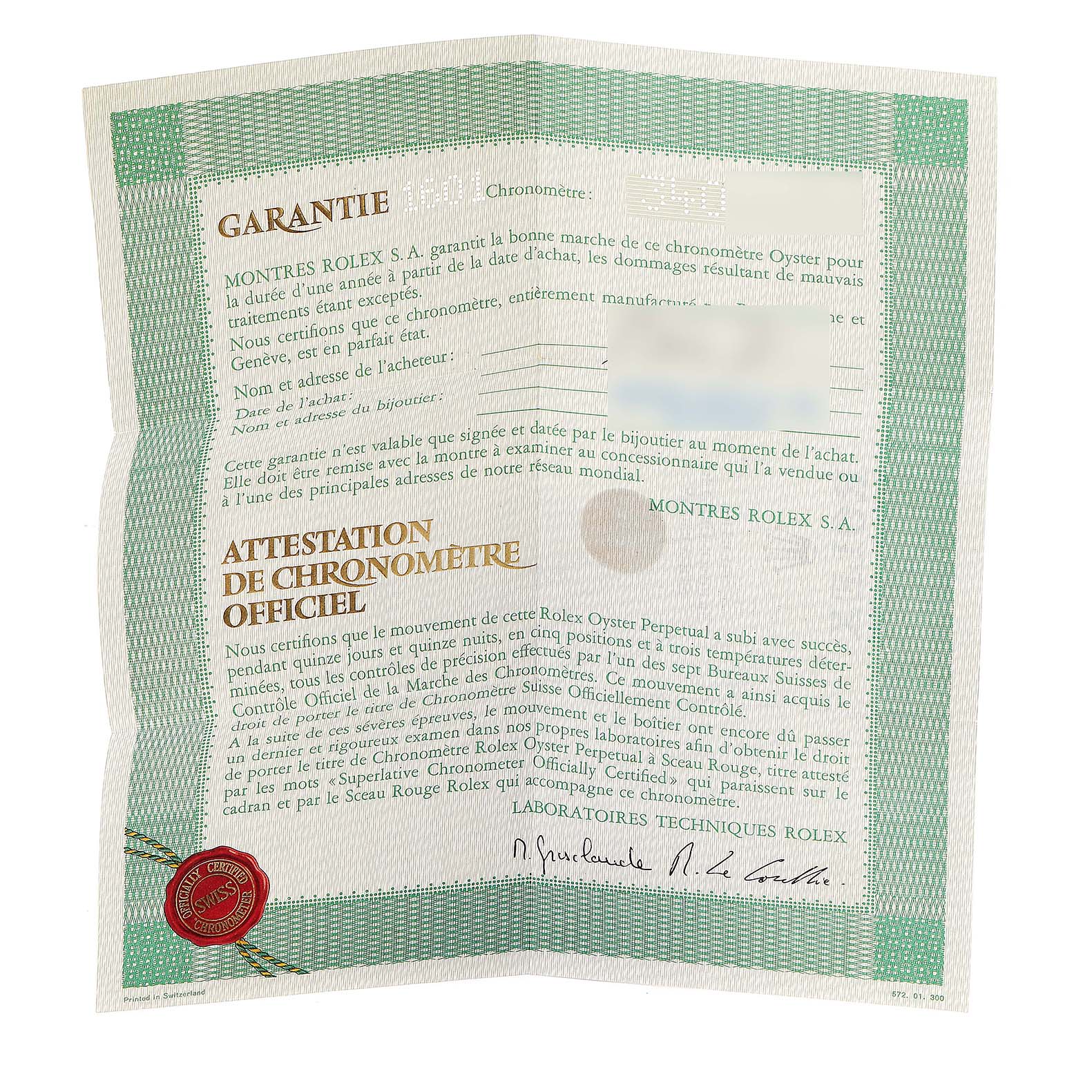 The image shows a warranty and official chronometer certificate for a Vintage Collection model by Rolex.