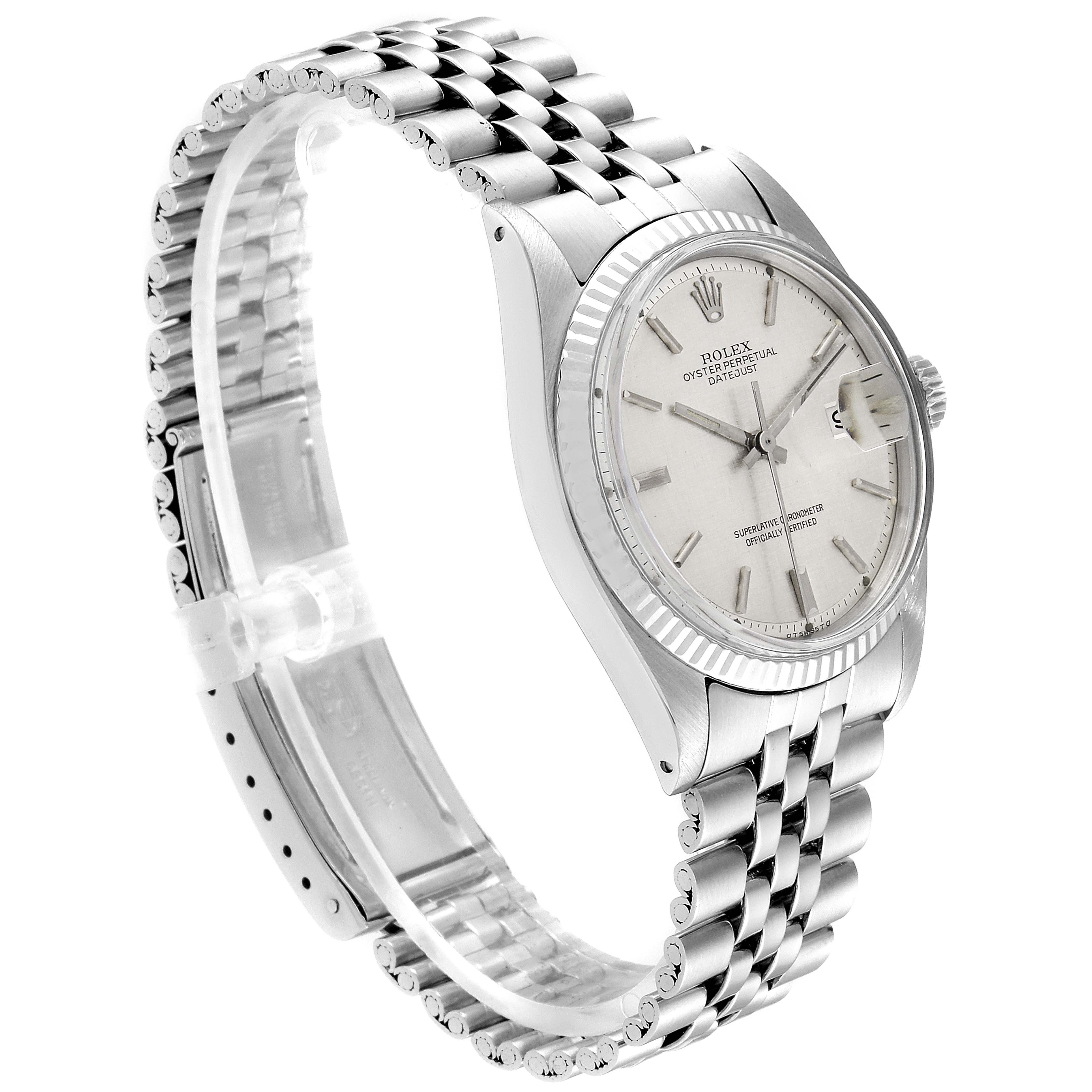 The image shows a side angle of the Rolex Vintage Collection 1601 Men
s Stainless Steel Silver Dial 1601 Men
s Stainless Steel Silver Dial watch, highlighting its bracelet, dial, and clasp.