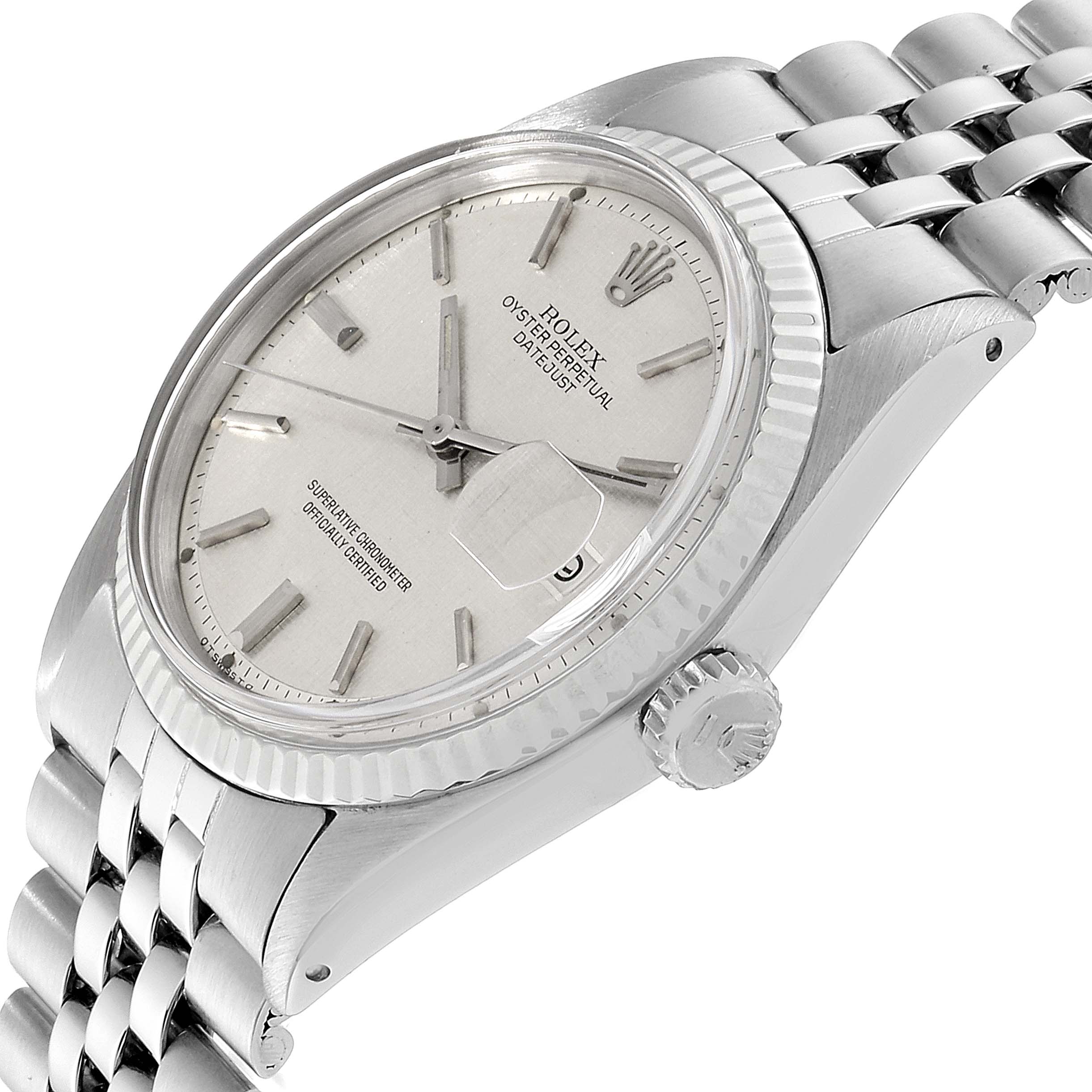 This image shows a close-up angled view of the face, crown, and bracelet of a Rolex Vintage Collection 1601 Men
s Stainless Steel Silver Dial 1601 Men
s Stainless Steel Silver Dial model watch.