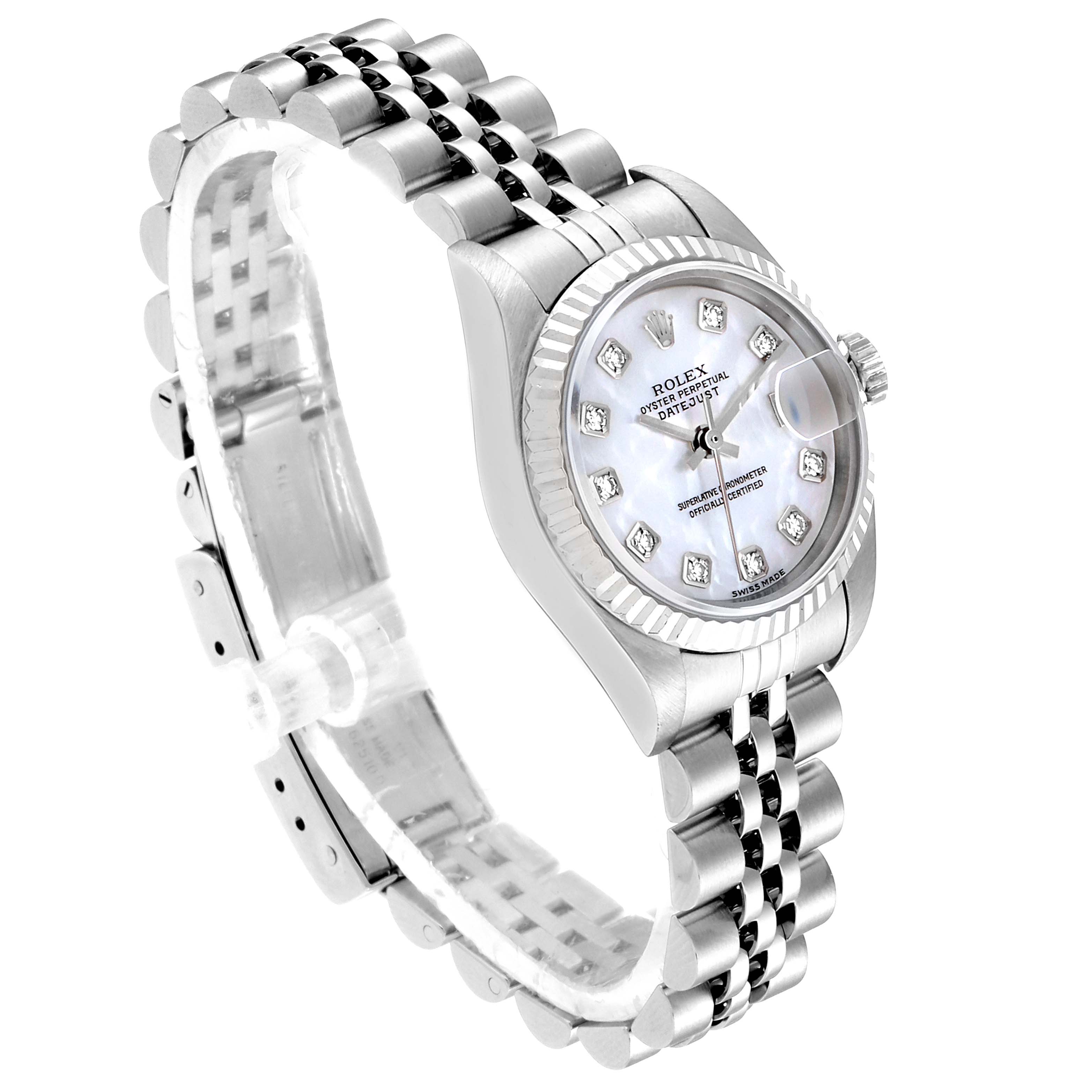 This Rolex Datejust 79174 Women's Stainless Steel Mother of Pearl Dial 79174 Women's Stainless Steel Mother of Pearl Dial watch is shown at a three-quarter angle, highlighting its face, bezel, and jubilee bracelet.