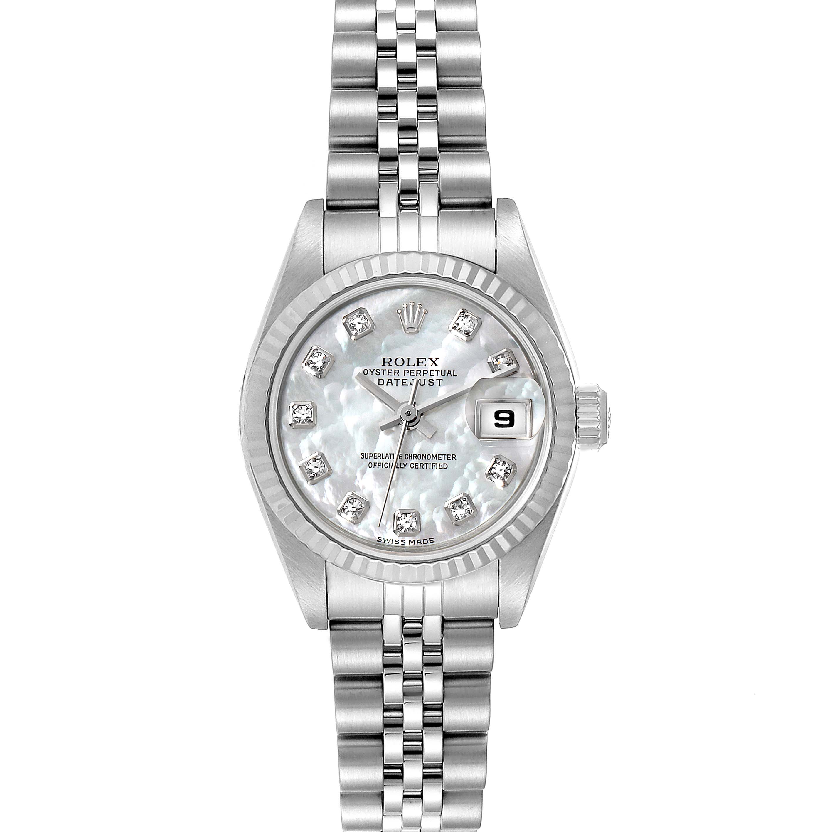 This image shows the front view of a Rolex Datejust 79174 Women's Stainless Steel Mother of Pearl Dial 79174 Women's Stainless Steel Mother of Pearl Dial watch, displaying its face, bezel, and bracelet.