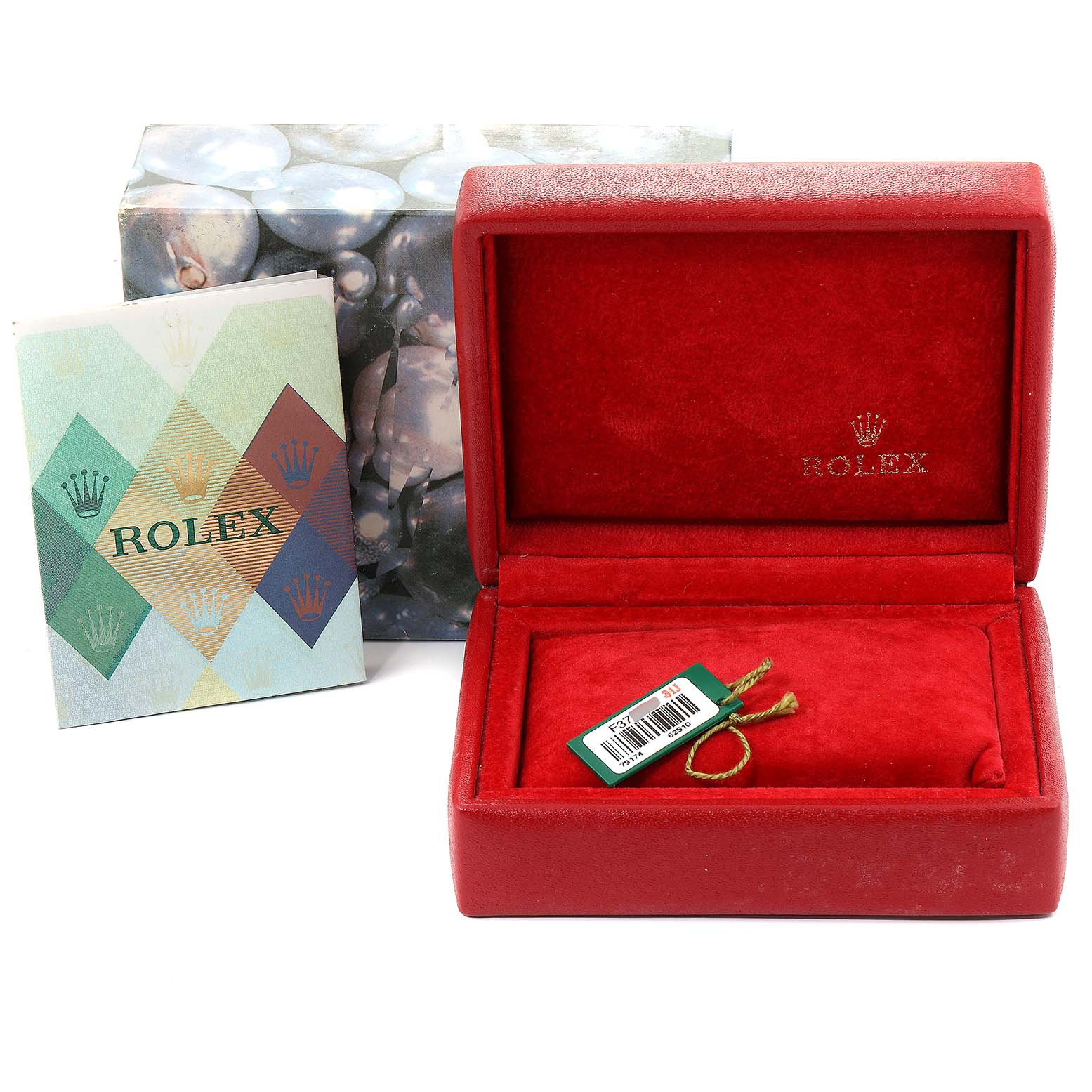The image shows a red Rolex watch box, a Rolex Datejust 79174 Women's Stainless Steel Mother of Pearl Dial 79174 Women's Stainless Steel Mother of Pearl Dial booklet, and a tag.