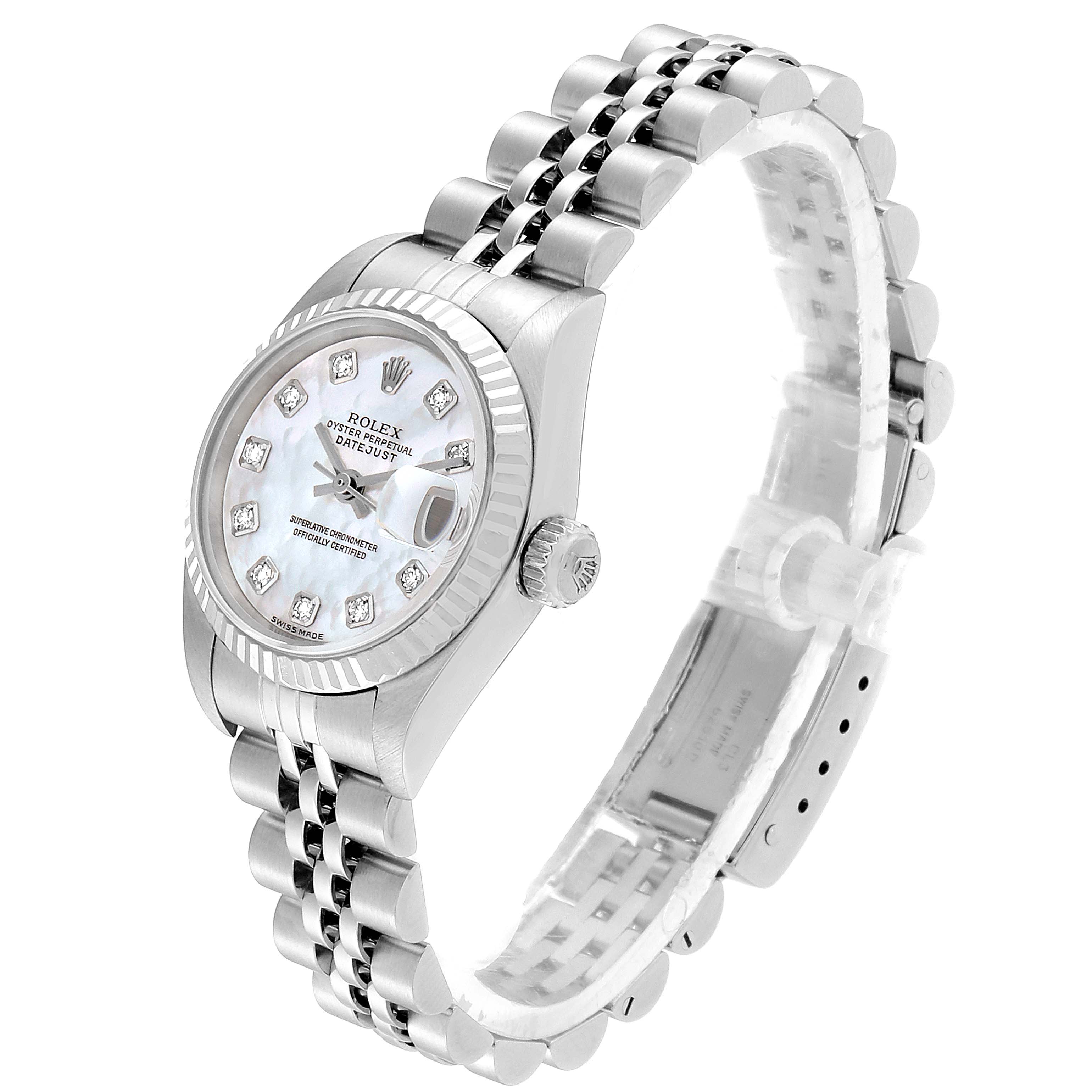 This Rolex Datejust 79174 Women's Stainless Steel Mother of Pearl Dial 79174 Women's Stainless Steel Mother of Pearl Dial watch is shown at a slight side angle, displaying the face, bezel, crown, bracelet, and clasp.