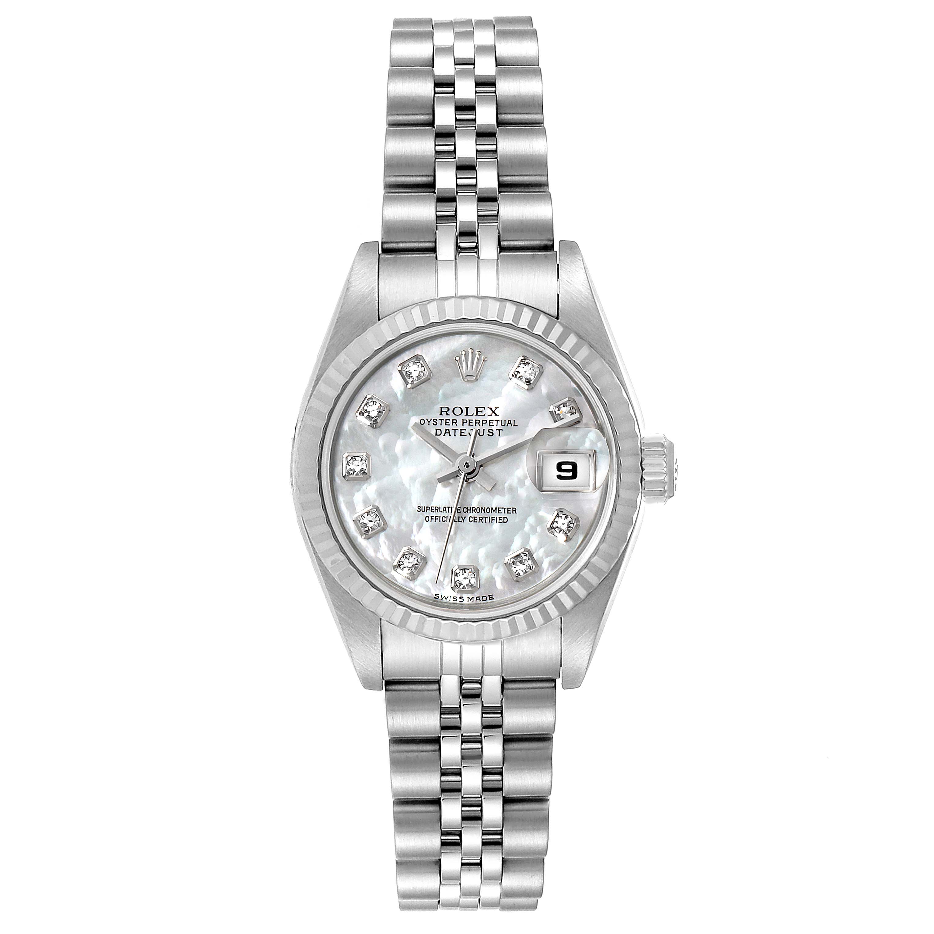 This Rolex Datejust 79174 Women's Stainless Steel Mother of Pearl Dial 79174 Women's Stainless Steel Mother of Pearl Dial watch is shown from the front, displaying the face, bezel, dial, hands, bracelet, and date window.