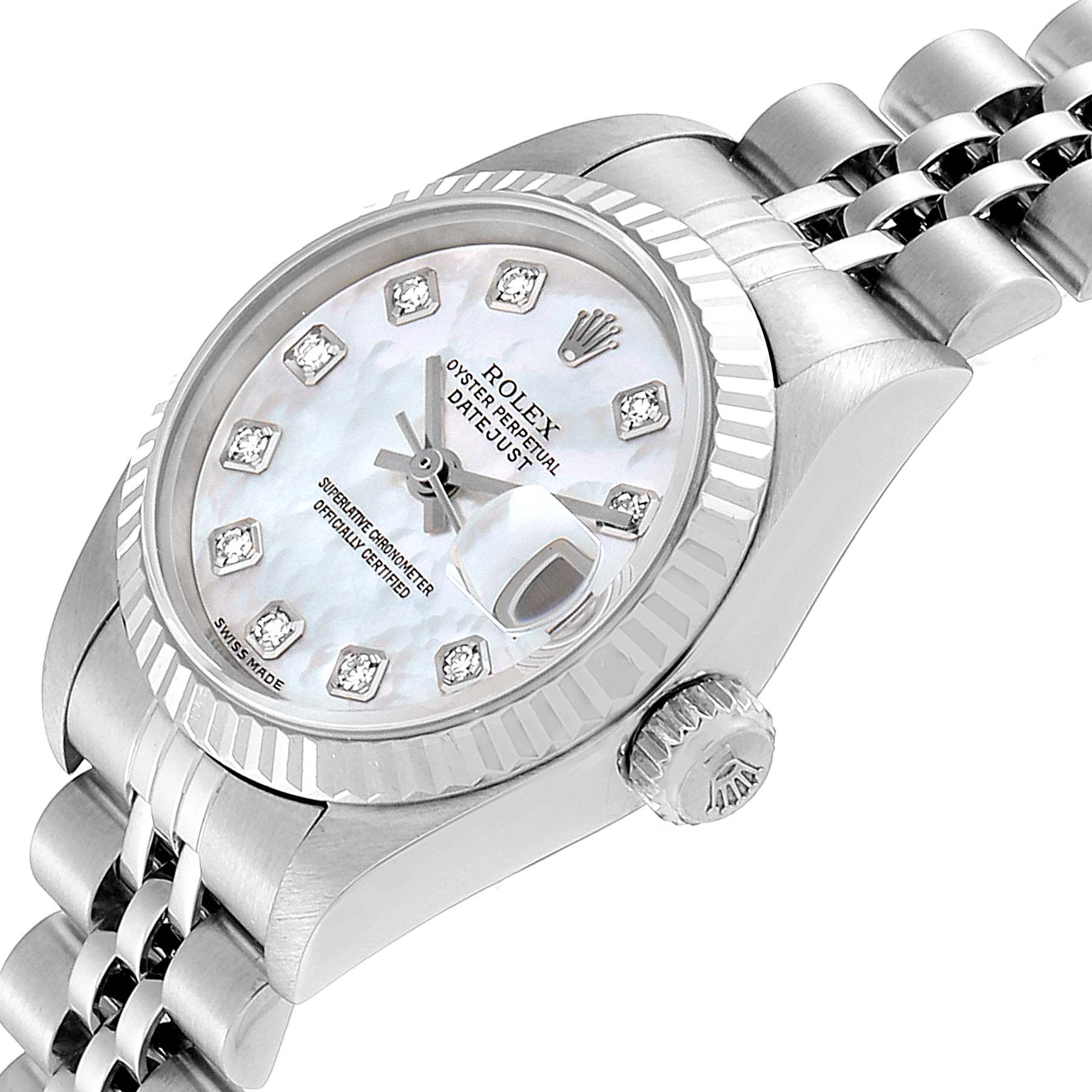 The image shows a close-up of a Rolex Datejust 79174 Women's Stainless Steel Mother of Pearl Dial 79174 Women's Stainless Steel Mother of Pearl Dial watch at an angle, highlighting the dial, fluted bezel, and part of the bracelet.