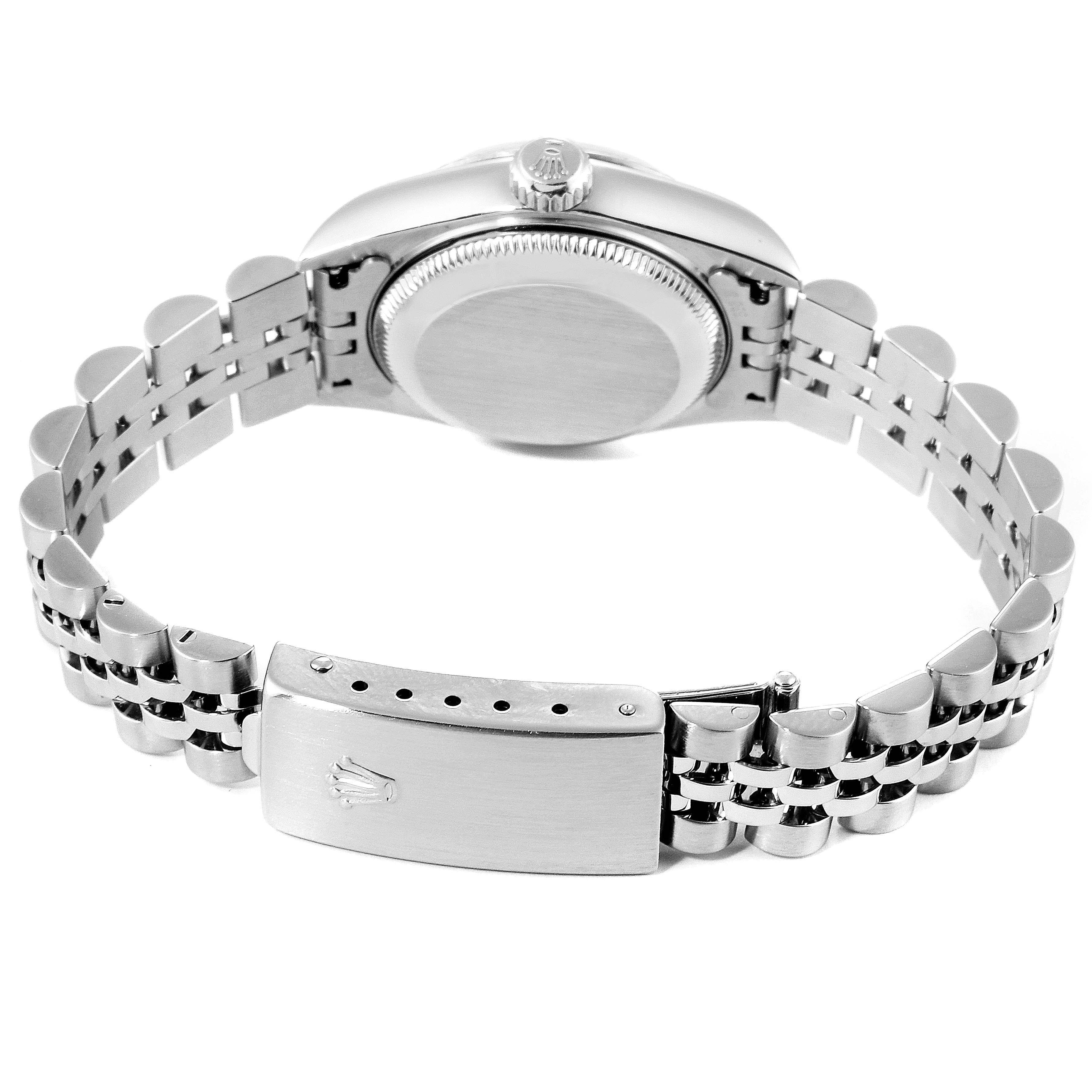 The image shows the back view of a Rolex Datejust 79174 Women's Stainless Steel Mother of Pearl Dial 79174 Women's Stainless Steel Mother of Pearl Dial watch, focusing on the closed clasp and bracelet.