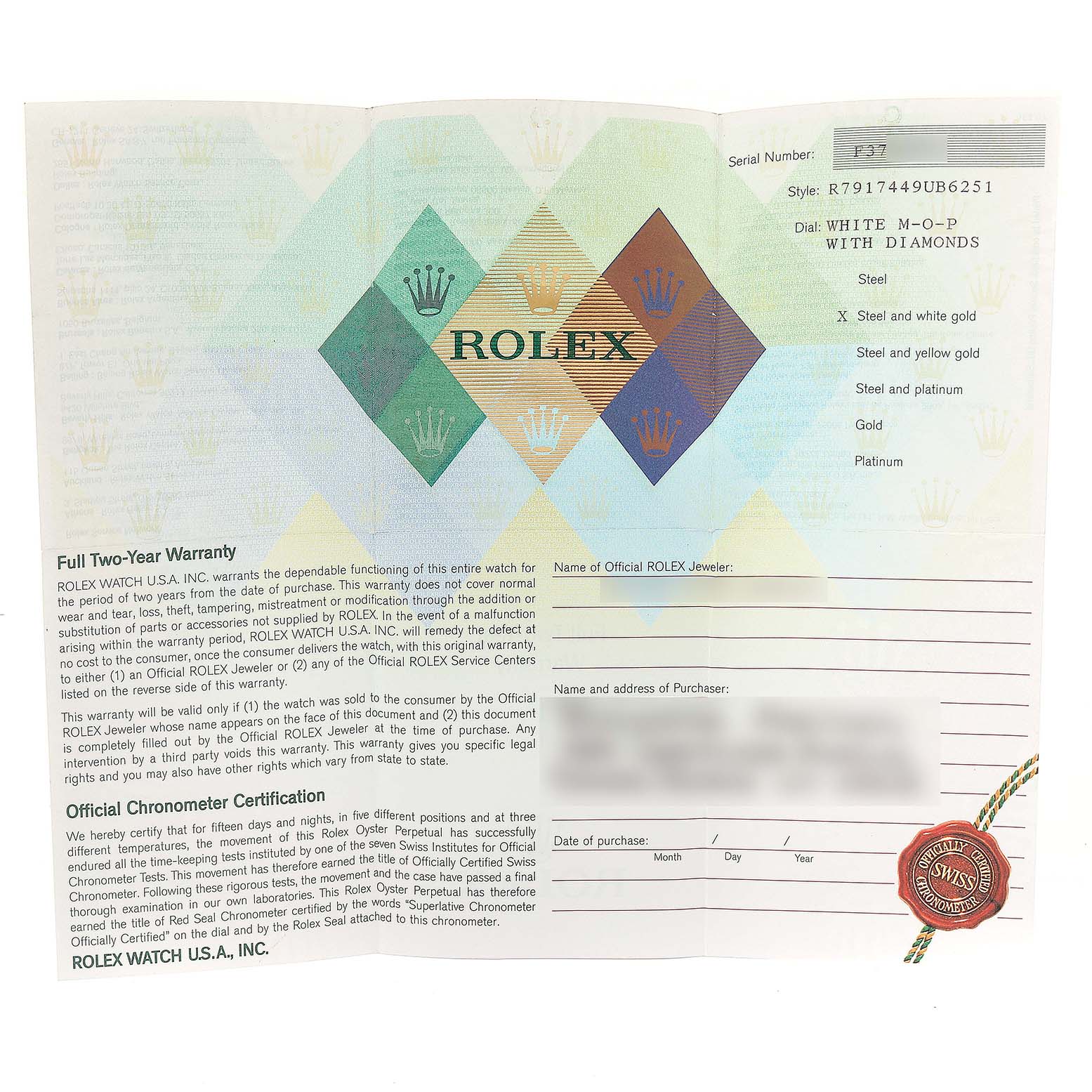 This image shows the warranty card and certification for a Rolex Datejust 79174 Women's Stainless Steel Mother of Pearl Dial 79174 Women's Stainless Steel Mother of Pearl Dial model, highlighting its details and branding.
