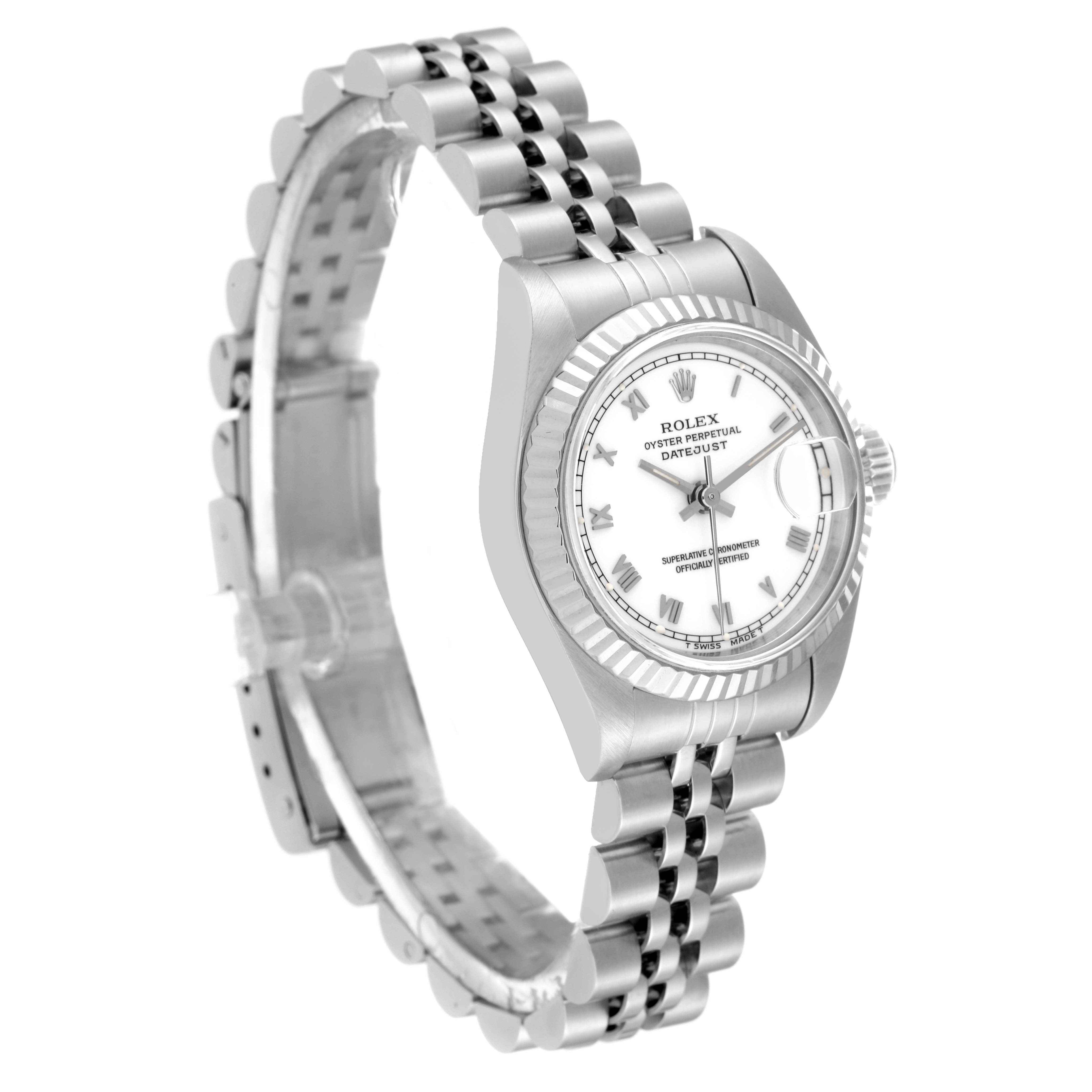 This image shows a Rolex Datejust 69174 Women's Stainless Steel White Dial 69174 Women's Stainless Steel White Dial wristwatch from a side angle, displaying the dial, bezel, case, and bracelet.