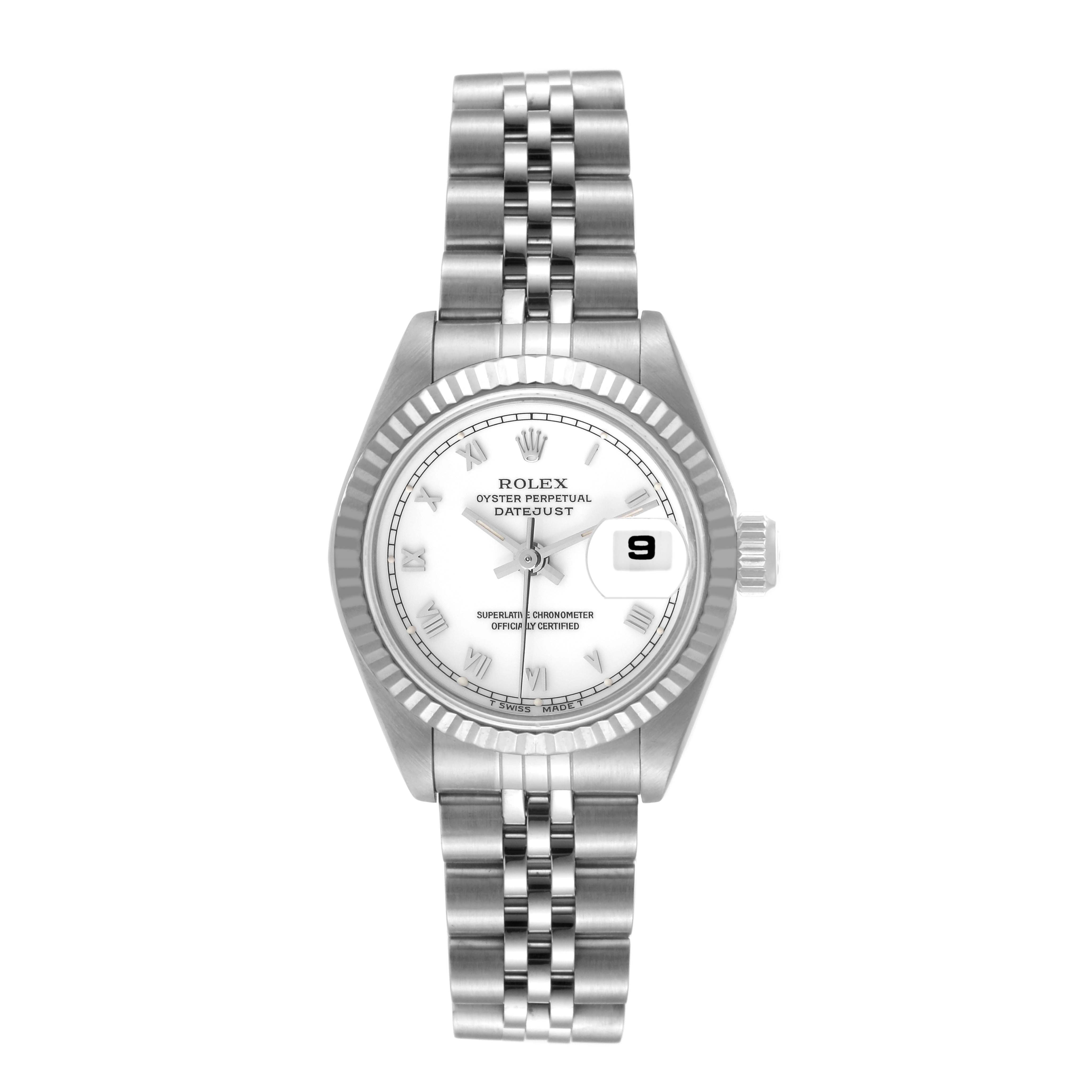 This Rolex Datejust 69174 Women's Stainless Steel White Dial 69174 Women's Stainless Steel White Dial watch is shown from a top-down angle, featuring the face, bezel, and bracelet.