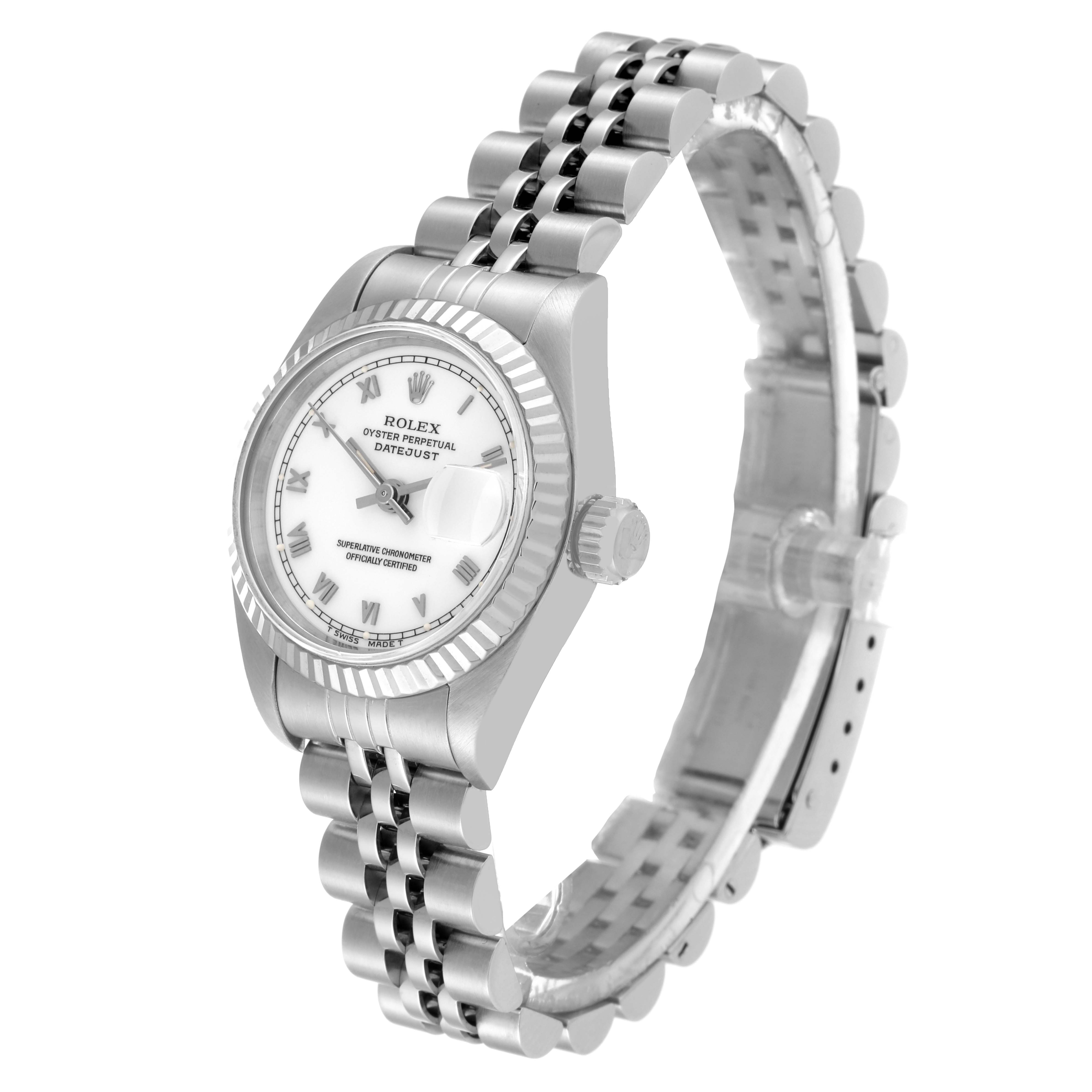 The Rolex Datejust 69174 Women's Stainless Steel White Dial 69174 Women's Stainless Steel White Dial watch is shown at an angle, displaying the face, bezel, crown, and partially the bracelet.