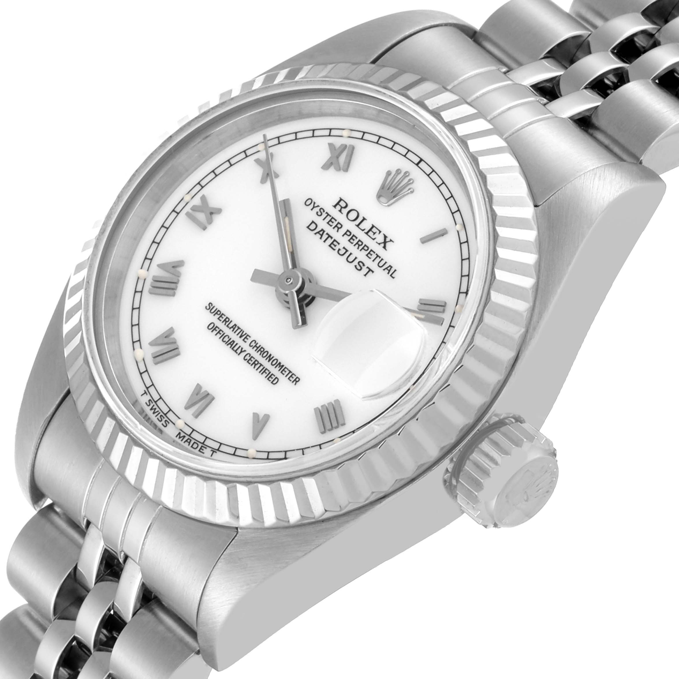 This image shows a close-up angle of the Rolex Datejust 69174 Women's Stainless Steel White Dial 69174 Women's Stainless Steel White Dial model, highlighting the dial, bezel, crown, and part of the bracelet.