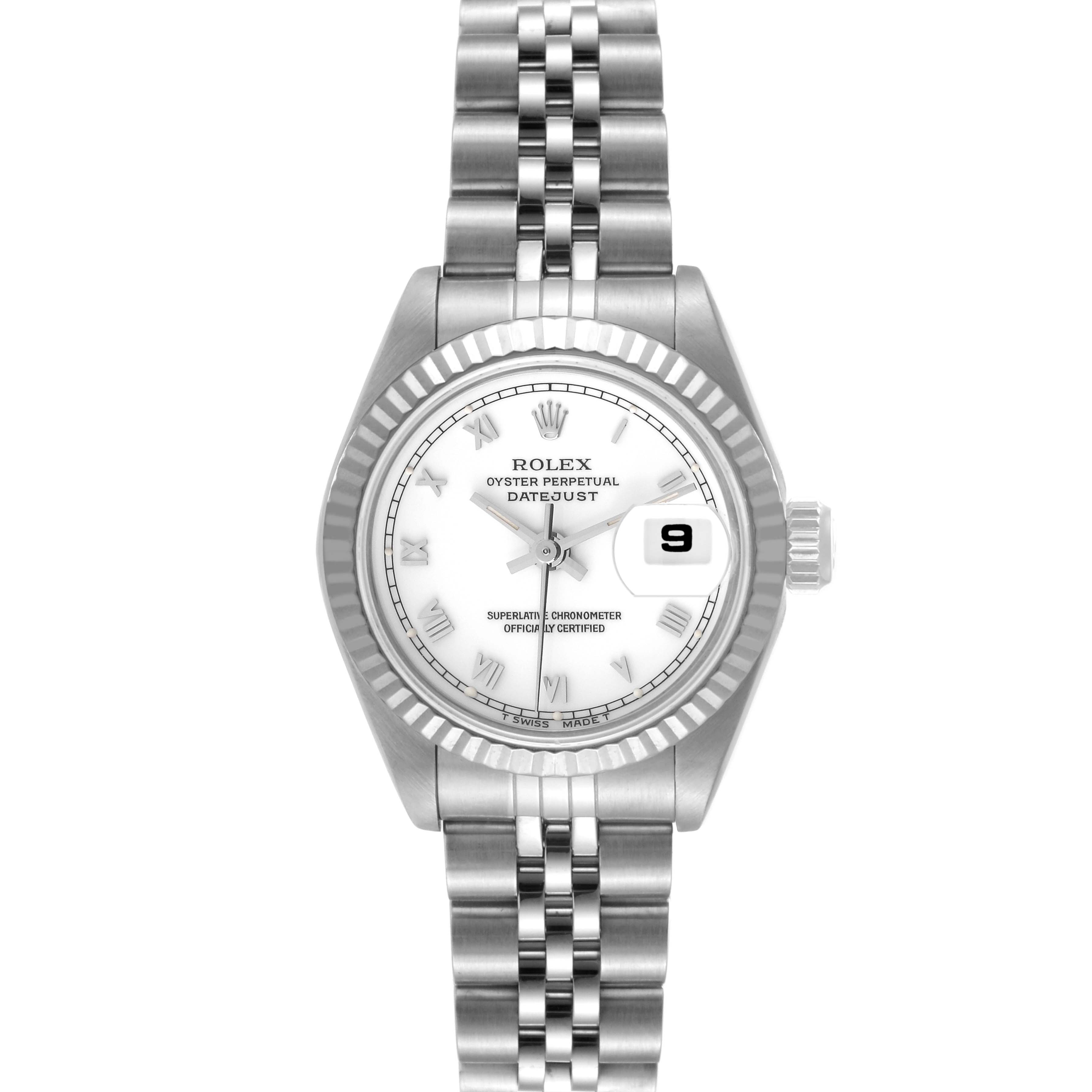 The image shows a front view of the Rolex Datejust 69174 Women's Stainless Steel White Dial 69174 Women's Stainless Steel White Dial watch, highlighting its dial, bezel, bracelet, and date window.