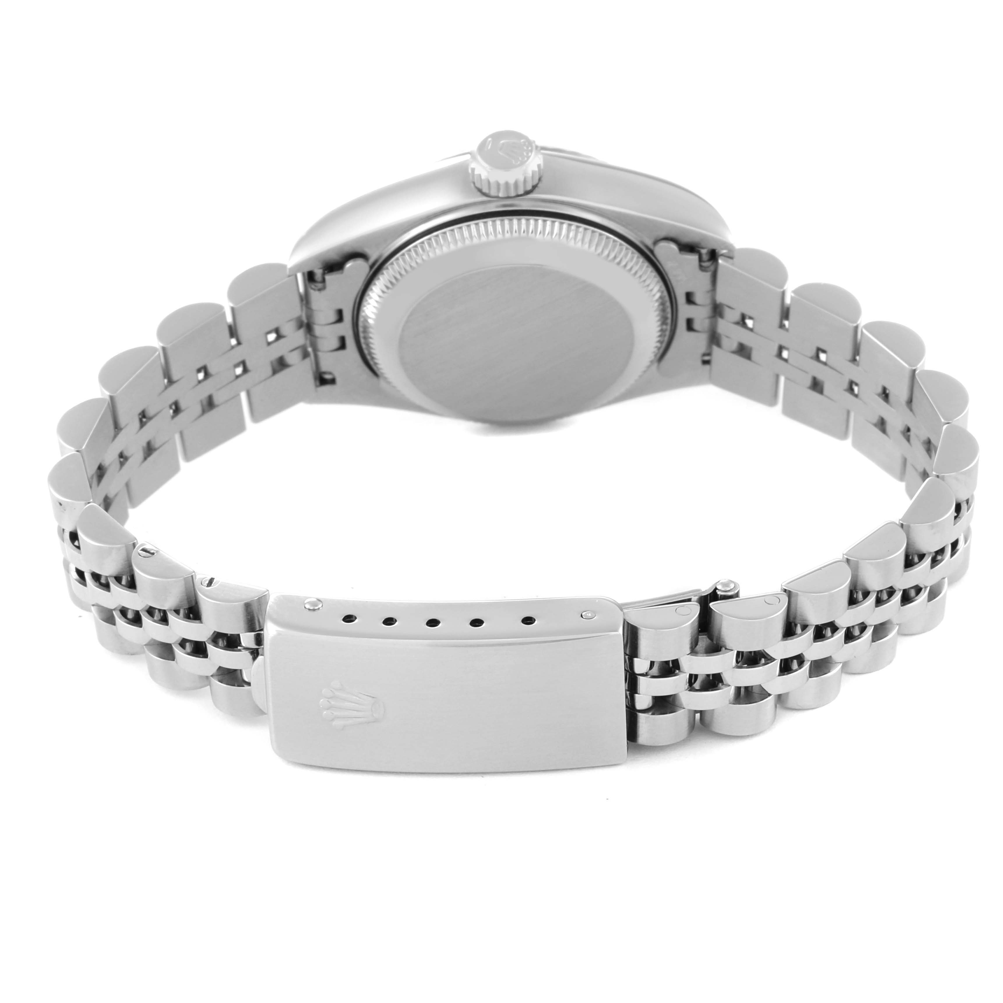 The image shows the back view of a Rolex Datejust 69174 Women's Stainless Steel White Dial 69174 Women's Stainless Steel White Dial, highlighting its clasp, bracelet, and case back.