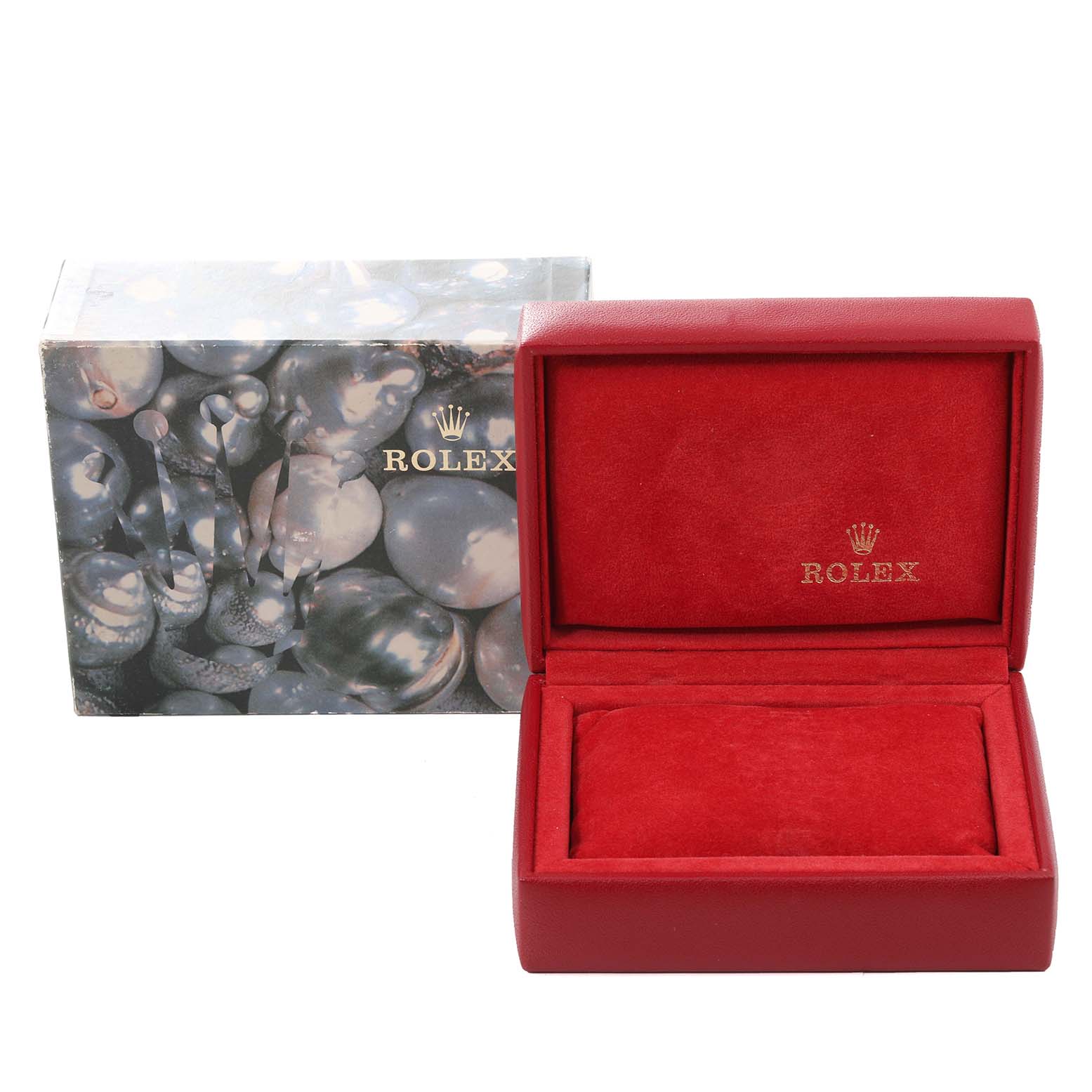 The image shows a red Rolex Datejust 69174 Women's Stainless Steel White Dial 69174 Women's Stainless Steel White Dial watch box and a decorative outer box with a pearl design.