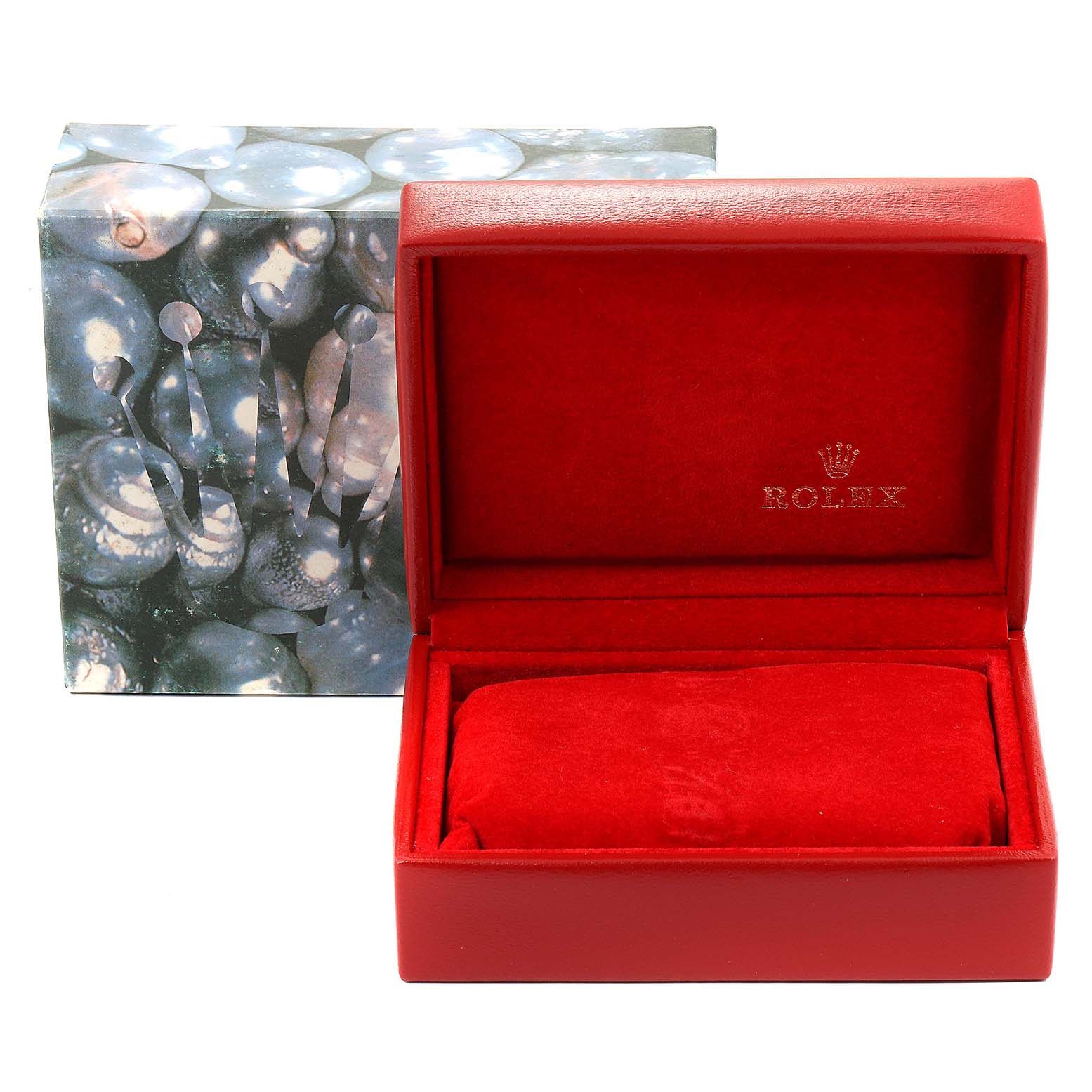 This image shows an open red Rolex Datejust 69174 Women
s Stainless Steel White Dial 69174 Women
s Stainless Steel White Dial watch box with a plush interior and a branded logo on the inside cover.