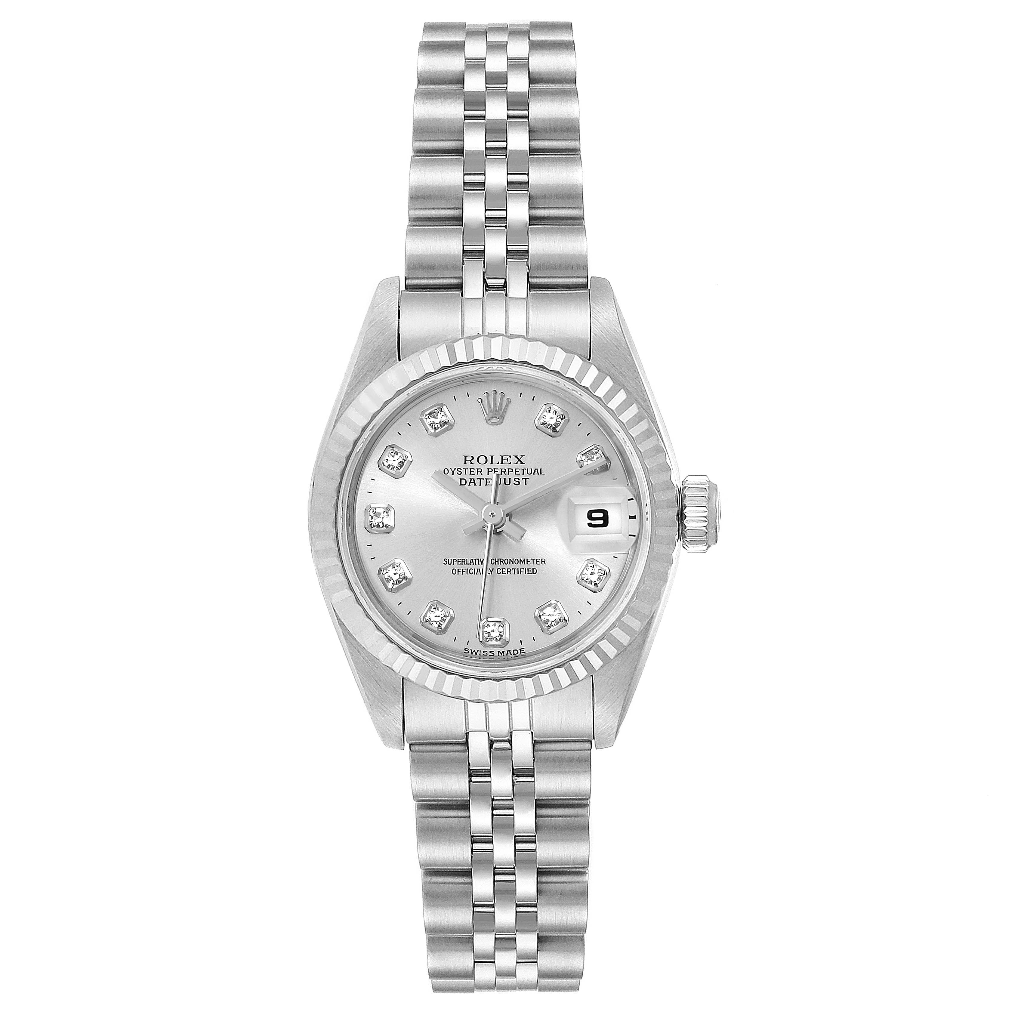 This image shows a Rolex Datejust 69174 Women
s Stainless Steel White Dial 69174 Women
s Stainless Steel White Dial watch from a front angle, displaying its dial, bezel, and bracelet.