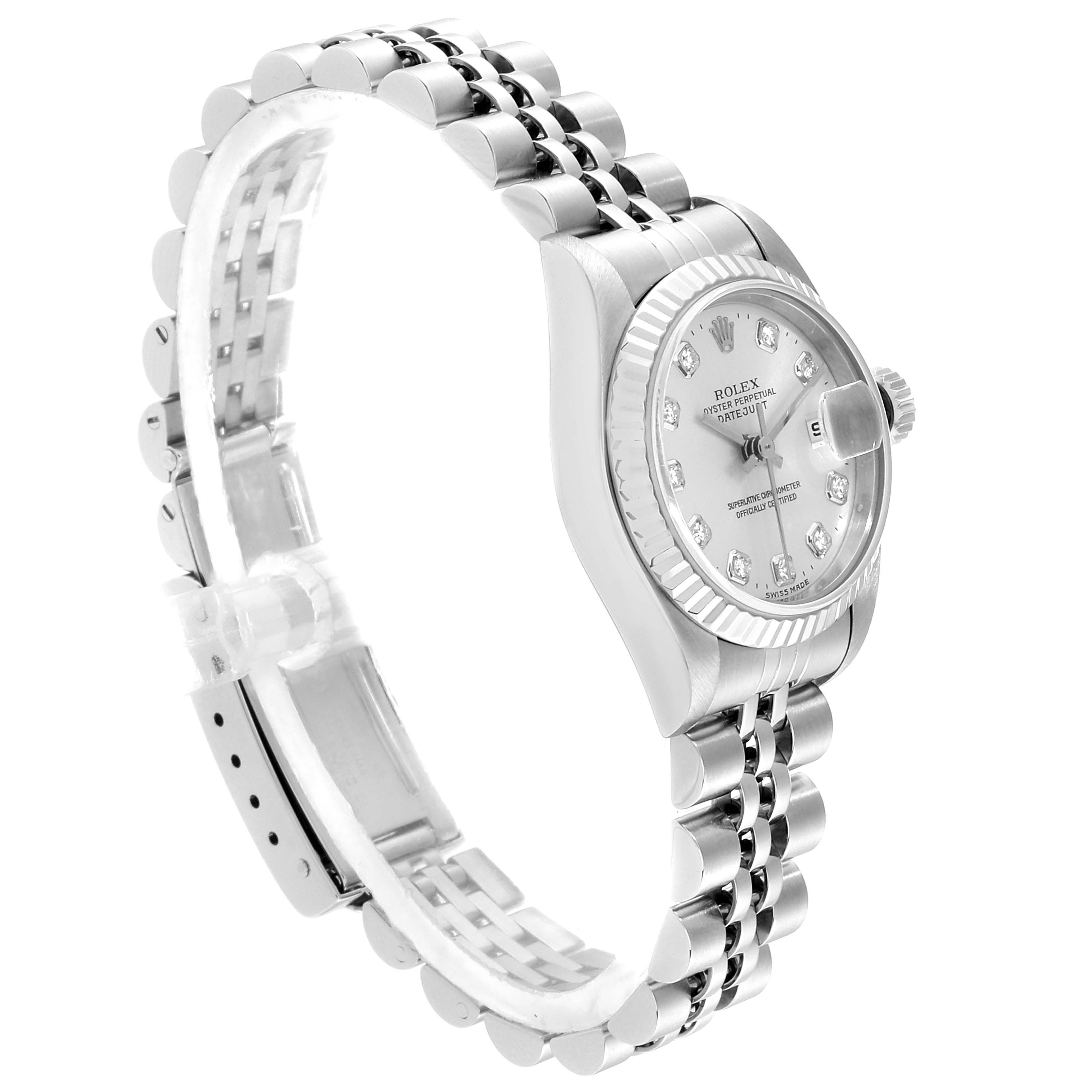 This image shows a side angle of the Rolex Datejust 69174 Women
s Stainless Steel White Dial 69174 Women
s Stainless Steel White Dial watch displaying its watch face, bezel, and bracelet.