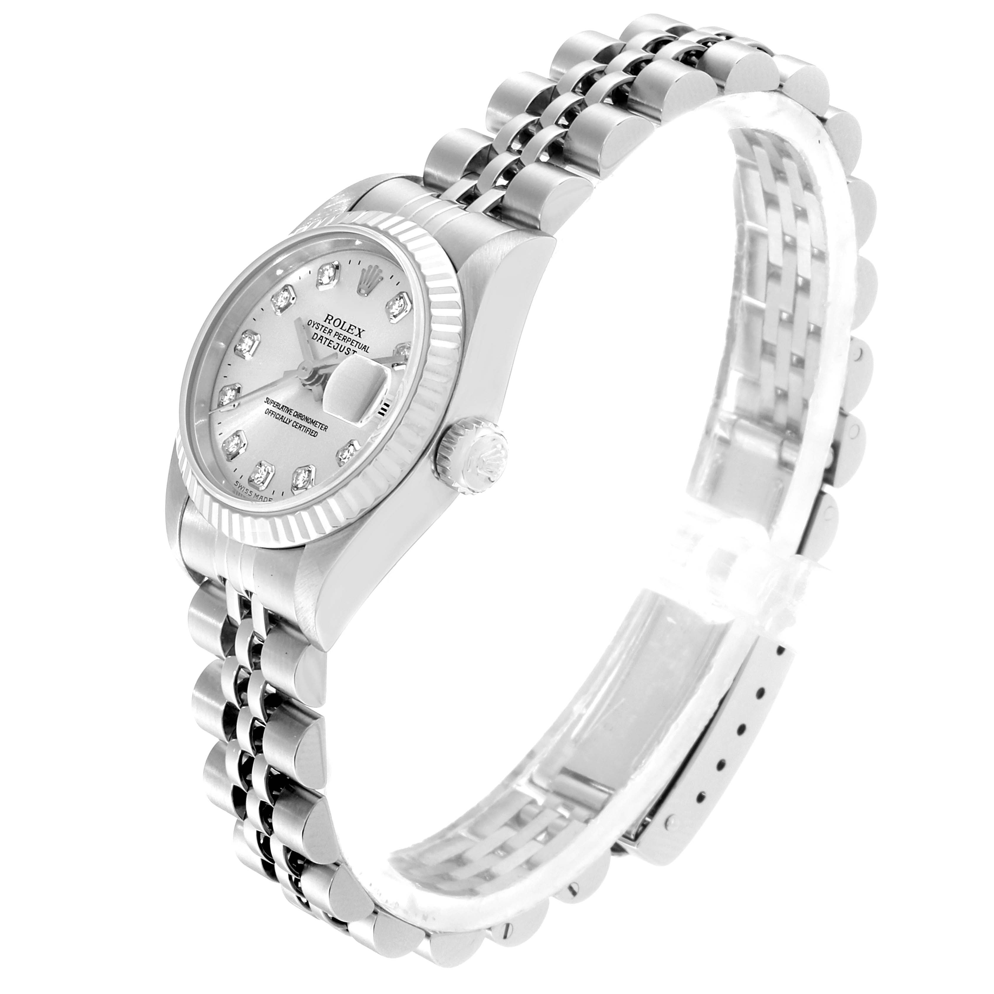 This image shows a side angle of a Rolex Datejust 69174 Women
s Stainless Steel White Dial 69174 Women
s Stainless Steel White Dial watch, highlighting the case, bracelet, and crown.