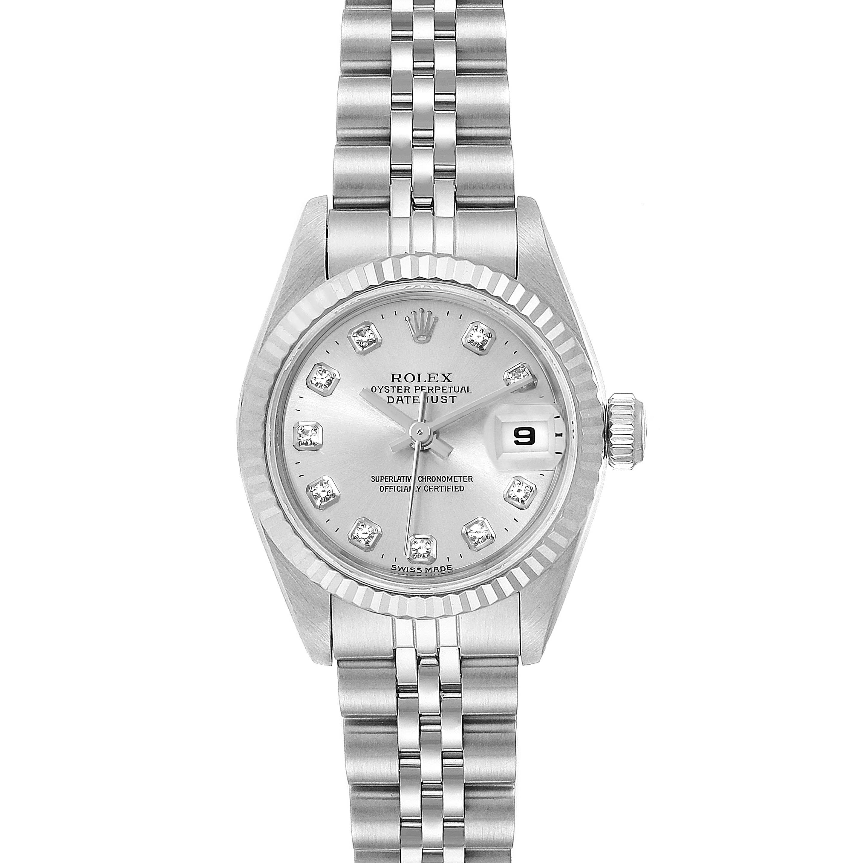 This image shows a front view of the Rolex Datejust 69174 Women
s Stainless Steel White Dial 69174 Women
s Stainless Steel White Dial watch, featuring the dial, fluted bezel, and Jubilee bracelet.