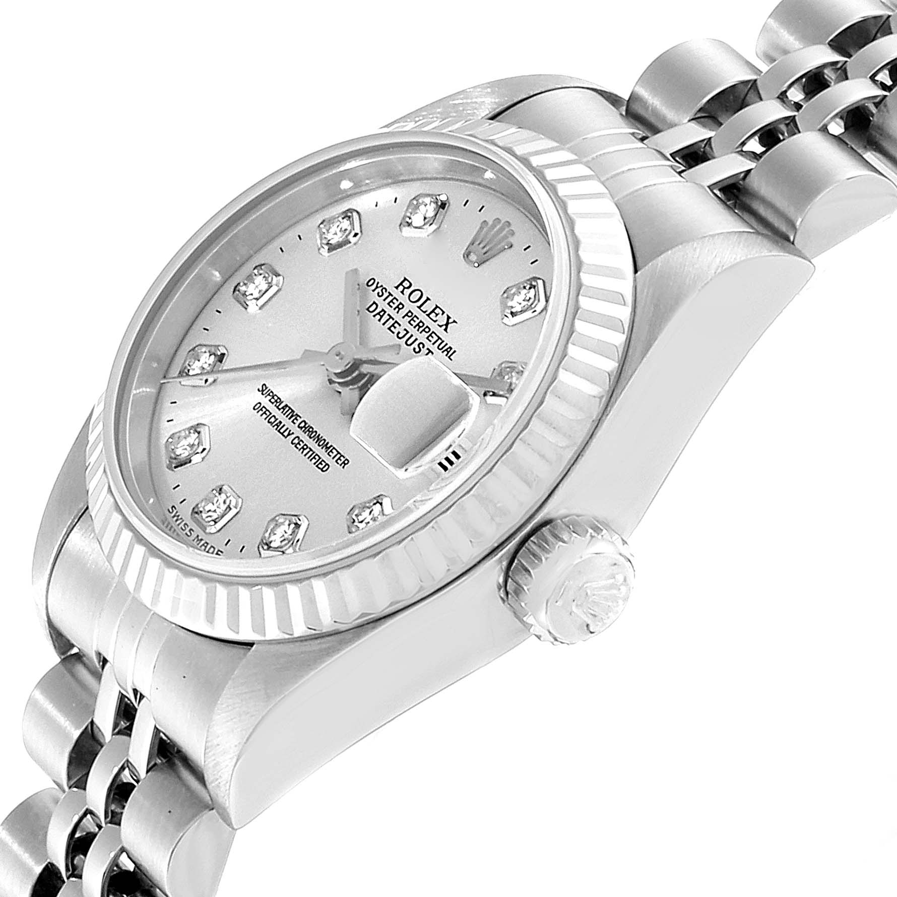 This image shows a close-up side view of the Rolex Datejust 69174 Women
s Stainless Steel White Dial 69174 Women
s Stainless Steel White Dial watch, featuring the dial, bezel, crown, and part of the bracelet.
