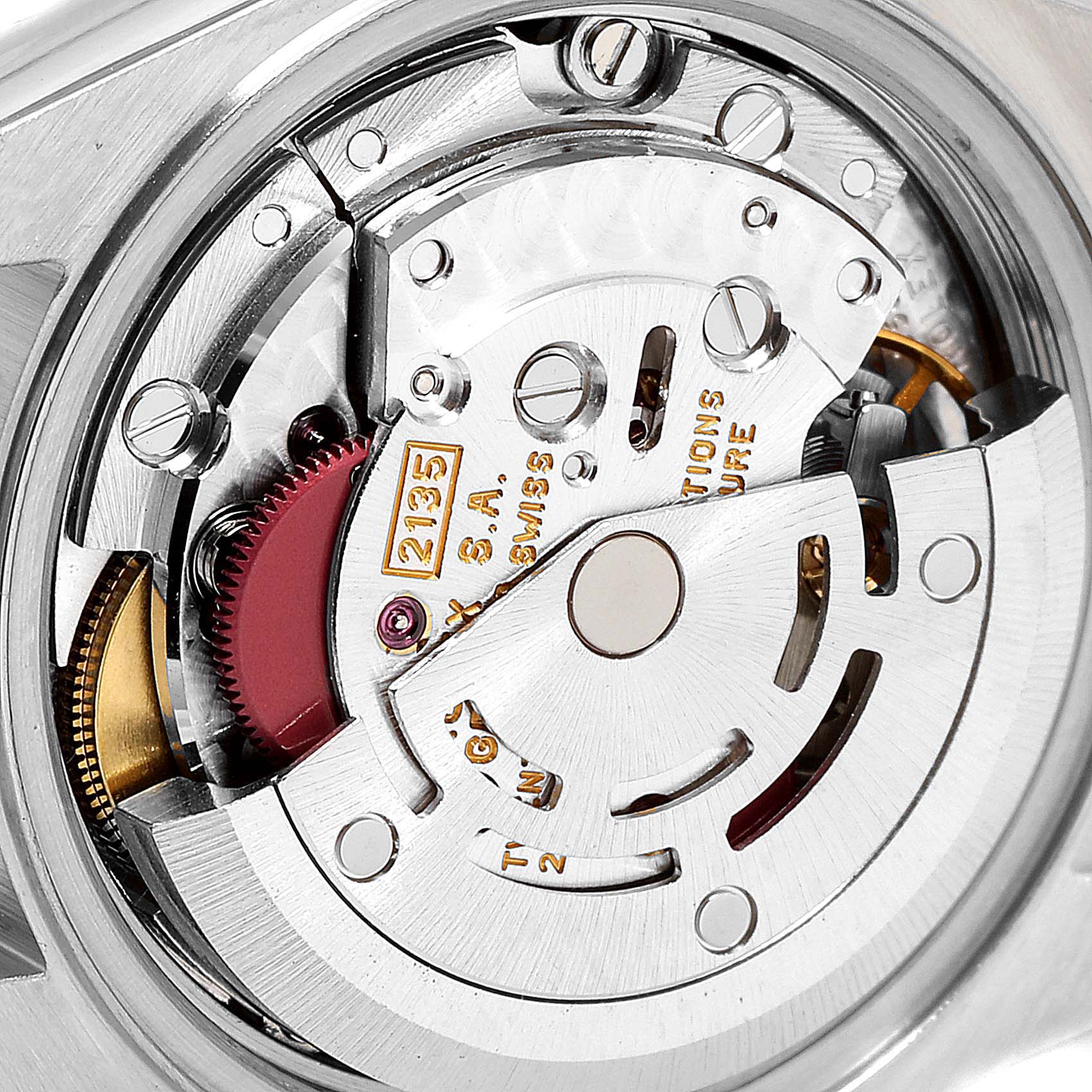 This image shows the movement mechanism of a Rolex Datejust 69174 Women
s Stainless Steel White Dial 69174 Women
s Stainless Steel White Dial watch from a detailed, close-up angle.