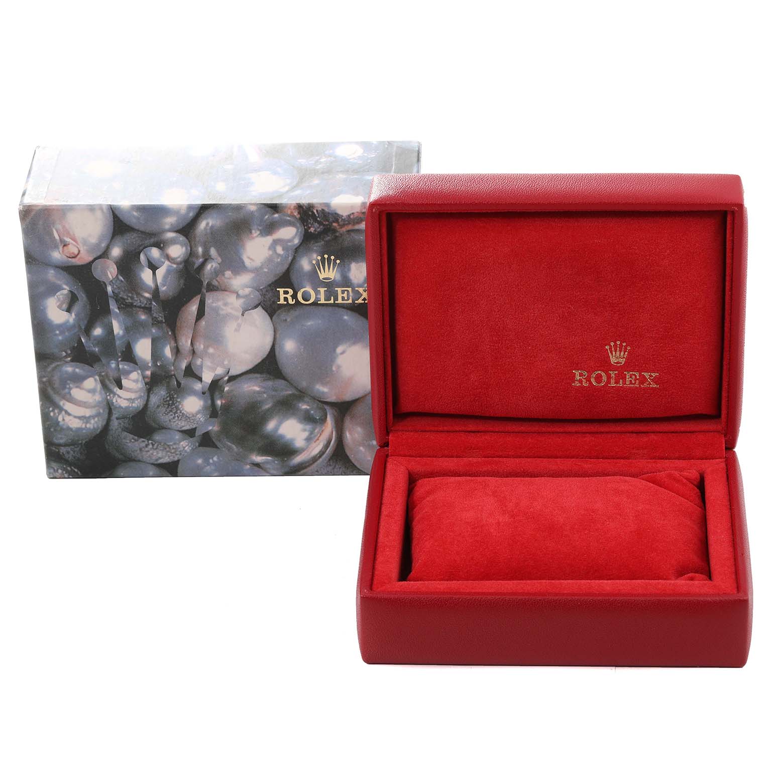 The image shows a Rolex Datejust 69174 Women's Stainless Steel Silver Dial 69174 Women's Stainless Steel Silver Dial watch box and packaging with the box open and displaying the interior cushion.