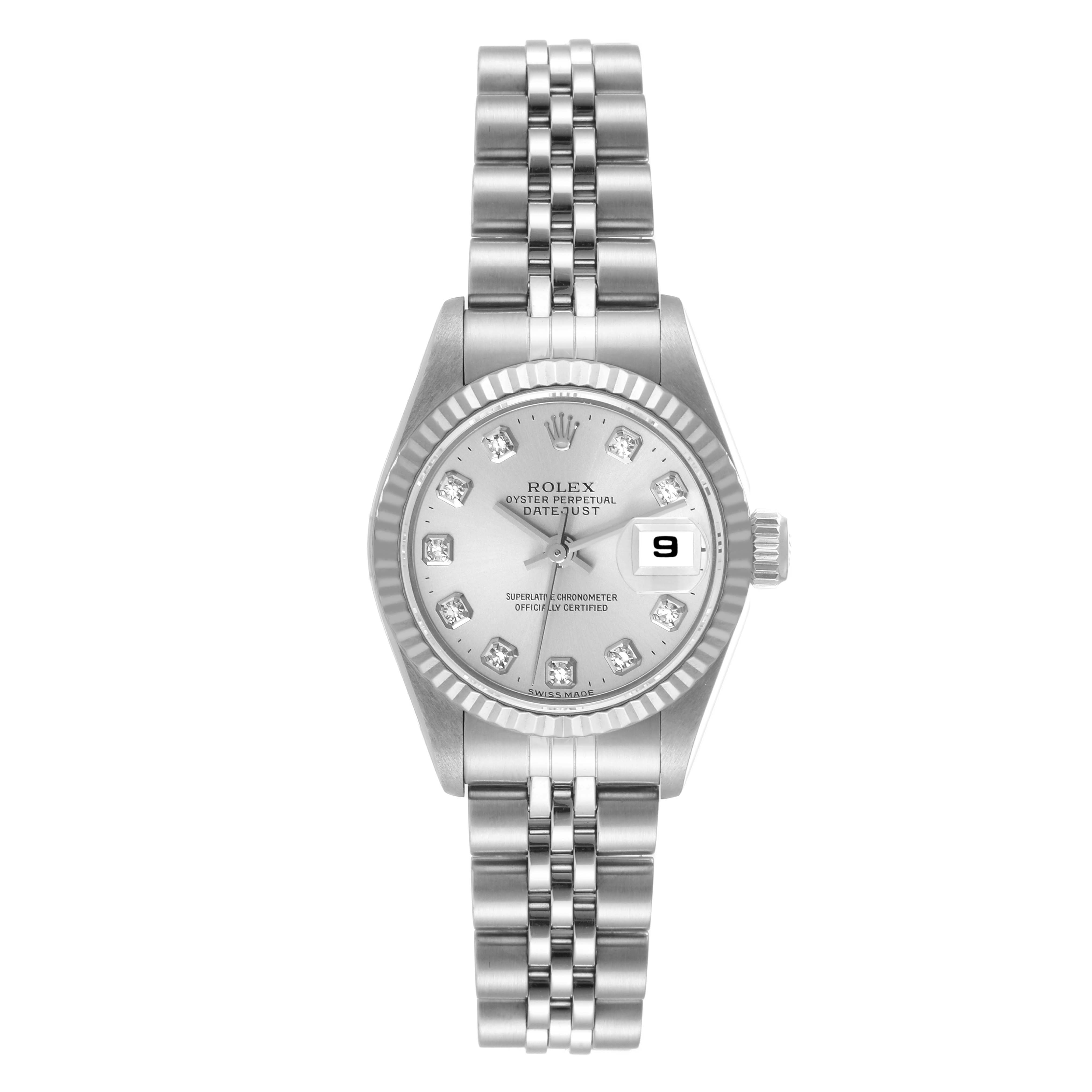 The image shows a front view of a Rolex Datejust 69174 Women's Stainless Steel Silver Dial 69174 Women's Stainless Steel Silver Dial watch, displaying its dial, bracelet, bezel, and date window.