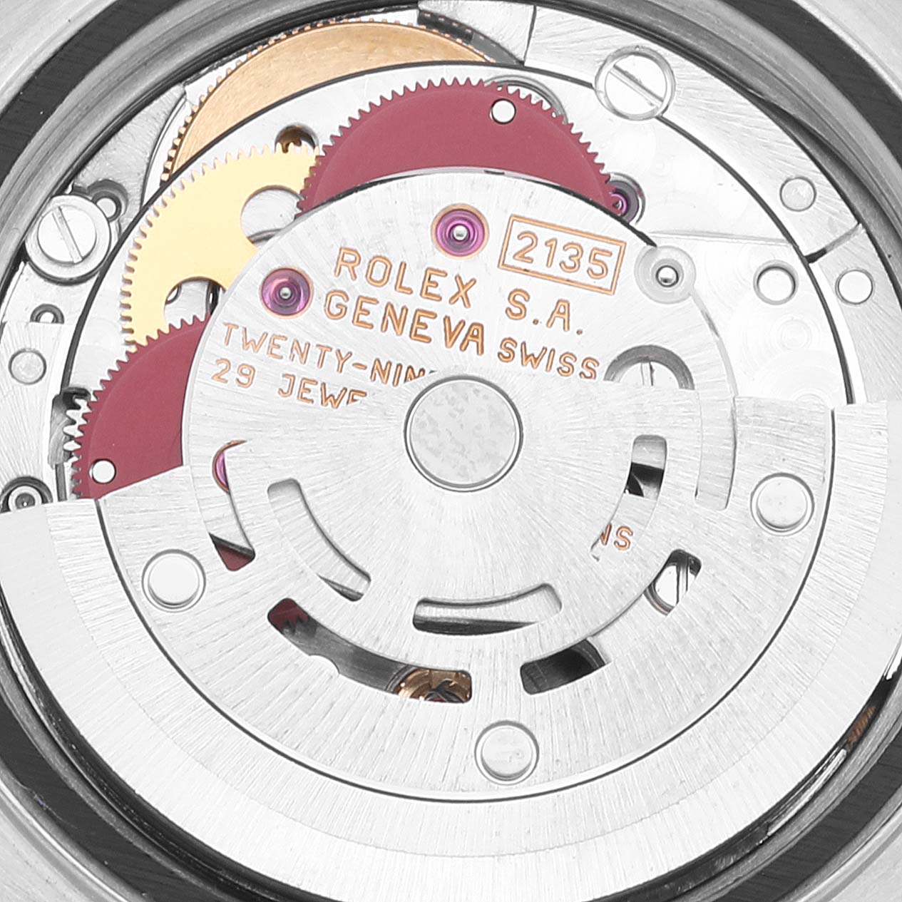 This image shows a close-up view of the movement mechanism of a Rolex Datejust 69174 Women's Stainless Steel Silver Dial 69174 Women's Stainless Steel Silver Dial watch.
