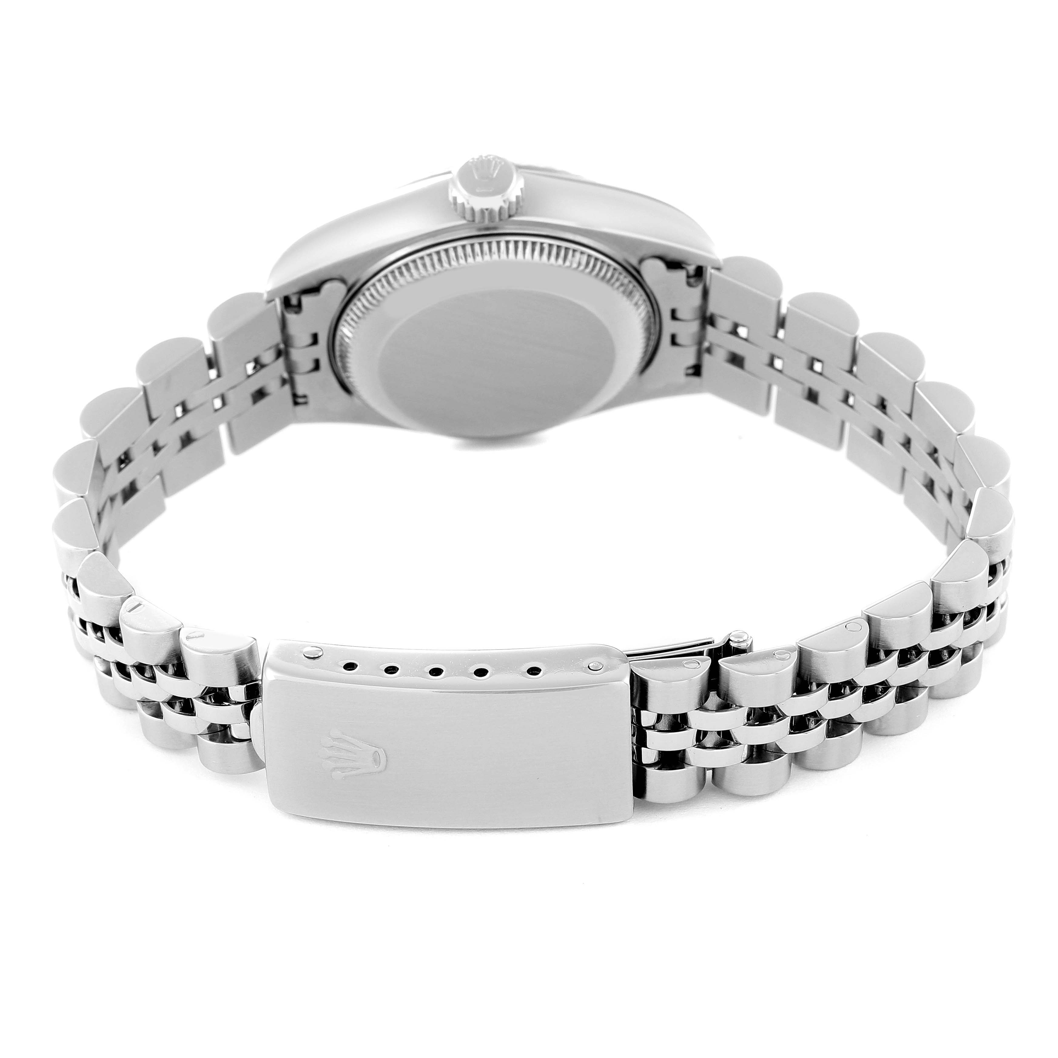 The image shows the back view of a Rolex Datejust 69174 Women's Stainless Steel Silver Dial 69174 Women's Stainless Steel Silver Dial watch, highlighting the clasp, bracelet, and case back.