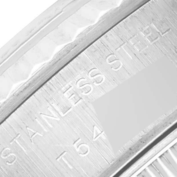 This image shows a close-up of the stainless steel case and engraved text on a Rolex Datejust 69174 Women's Stainless Steel Silver Dial 69174 Women's Stainless Steel Silver Dial watch.