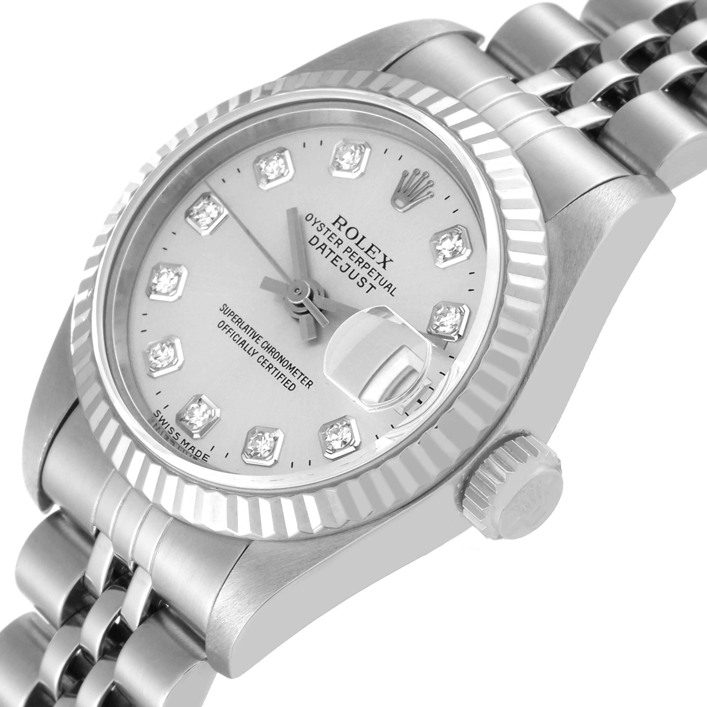 This image shows a close-up, angled view of the Rolex Datejust 69174 Women's Stainless Steel Silver Dial 69174 Women's Stainless Steel Silver Dial watch's face, bezel, and part of the bracelet.