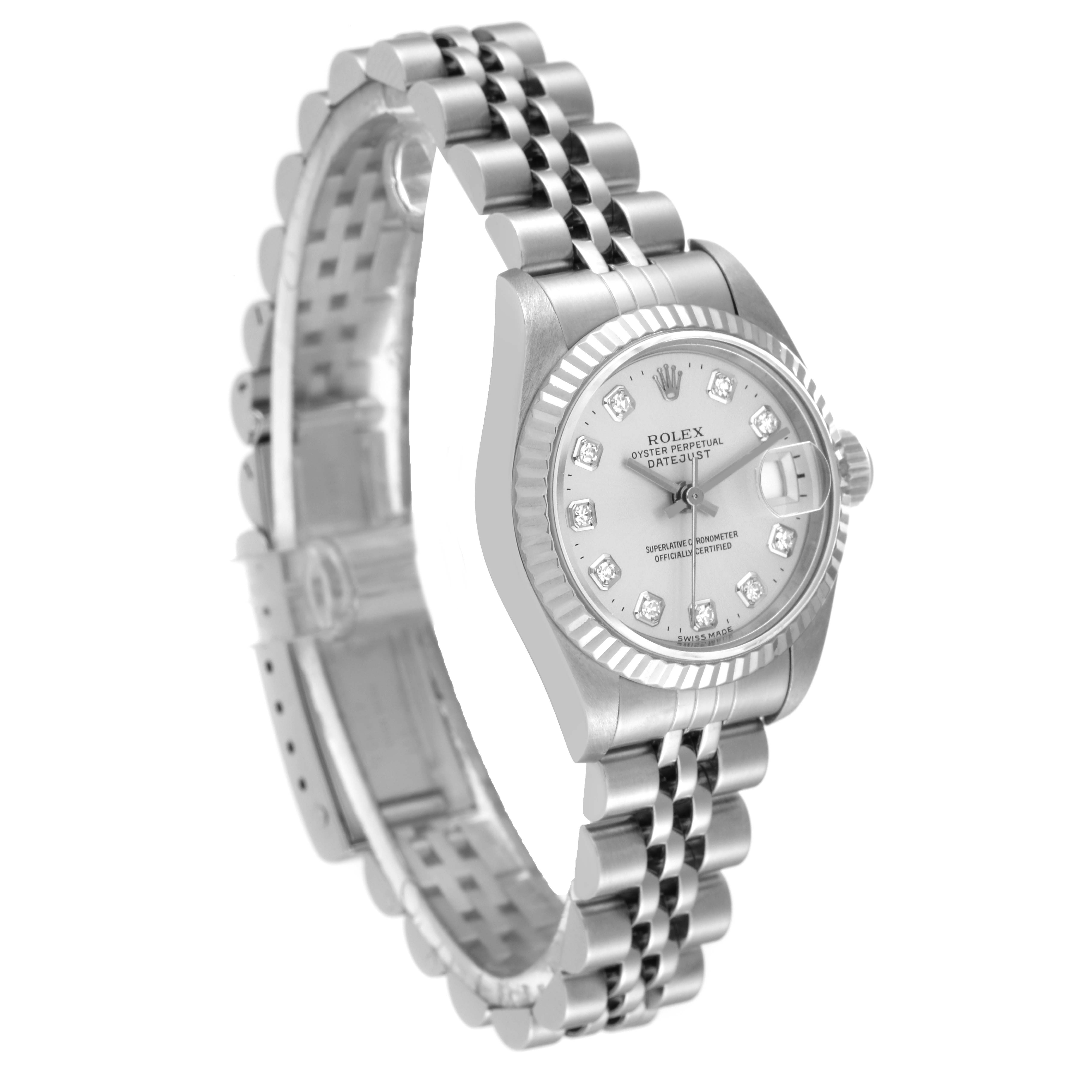 The image shows a Rolex Datejust 69174 Women's Stainless Steel Silver Dial 69174 Women's Stainless Steel Silver Dial watch at an angled side view, highlighting the dial, bezel, and bracelet.