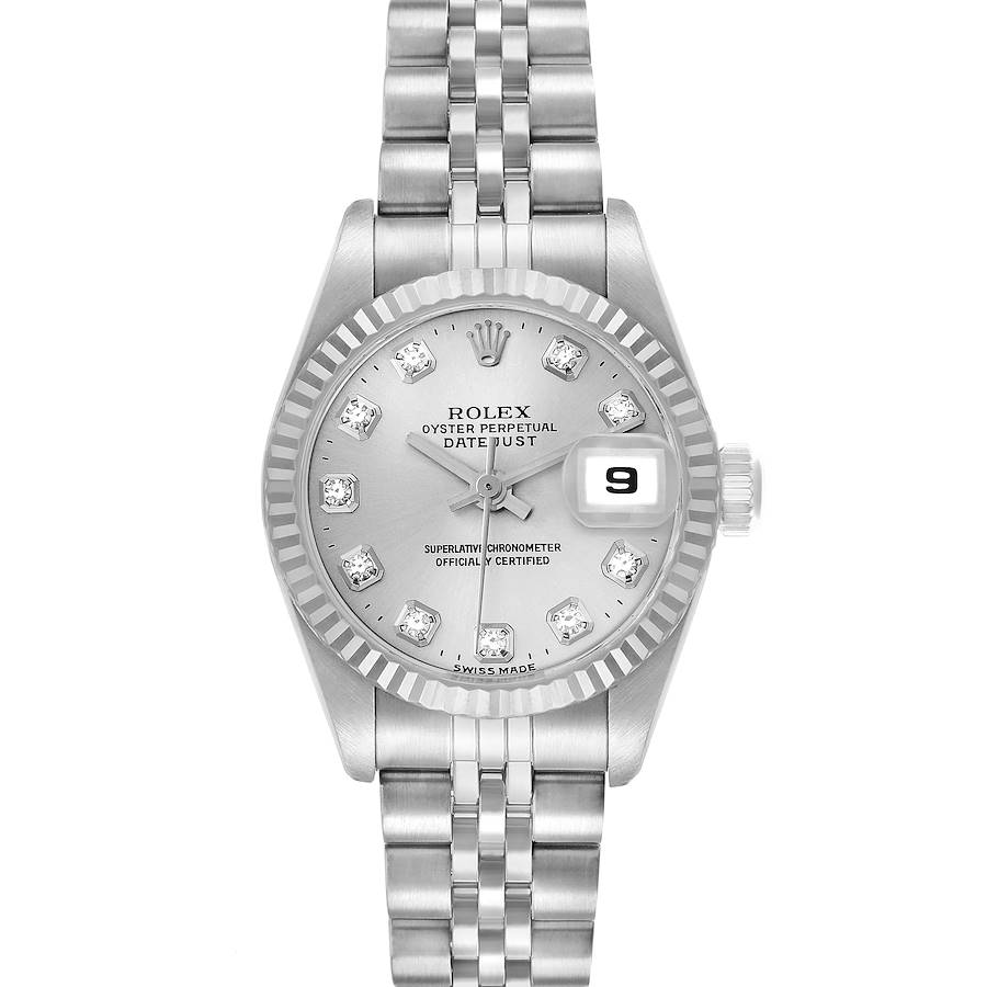 The Rolex Datejust 69174 Women's Stainless Steel Silver Dial watch is shown from a top-down angle, highlighting its dial, bezel, and bracelet.