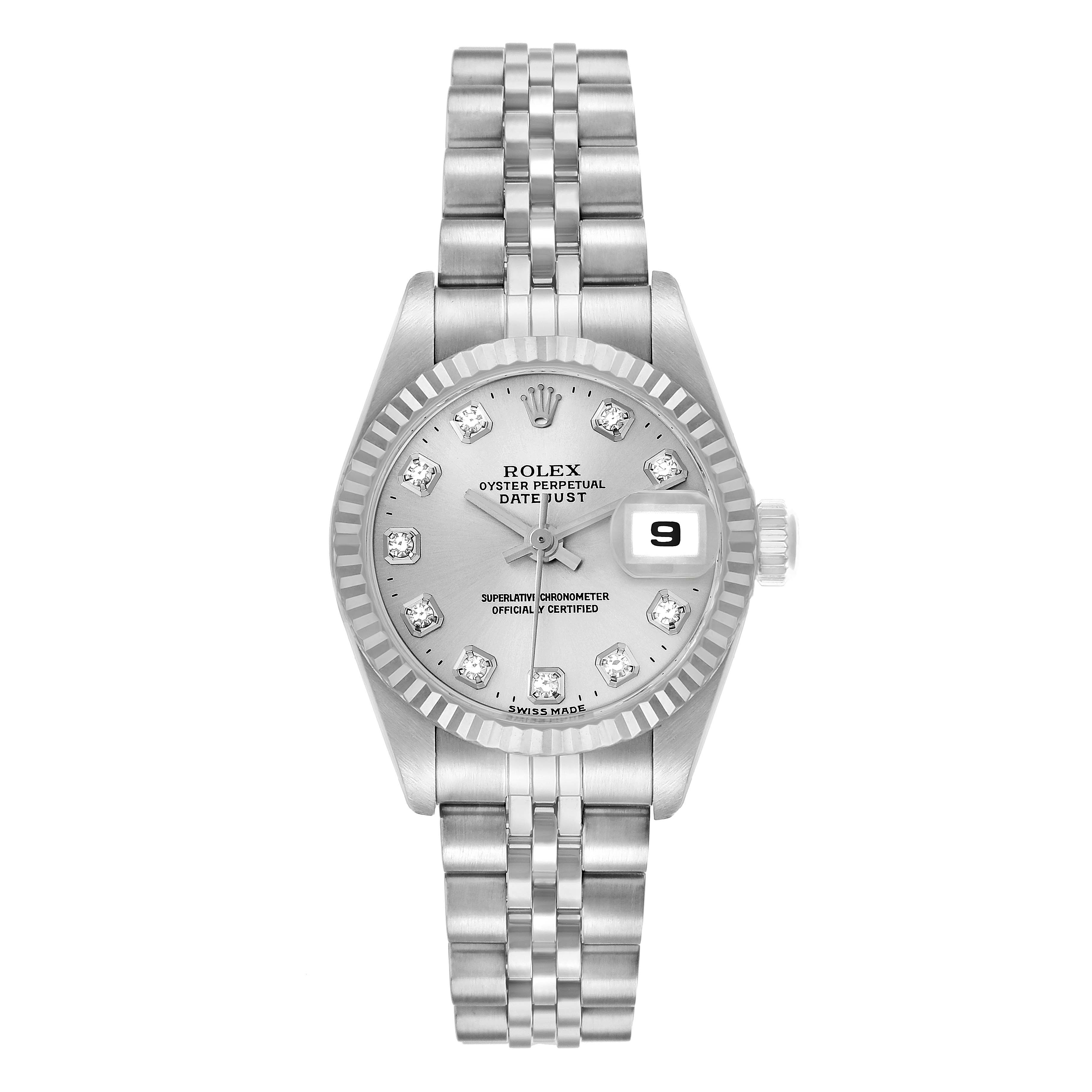 The Rolex Datejust 69174 Women's Stainless Steel Silver Dial watch is shown from a front angle, highlighting the dial, bezel, bracelet, and date window.