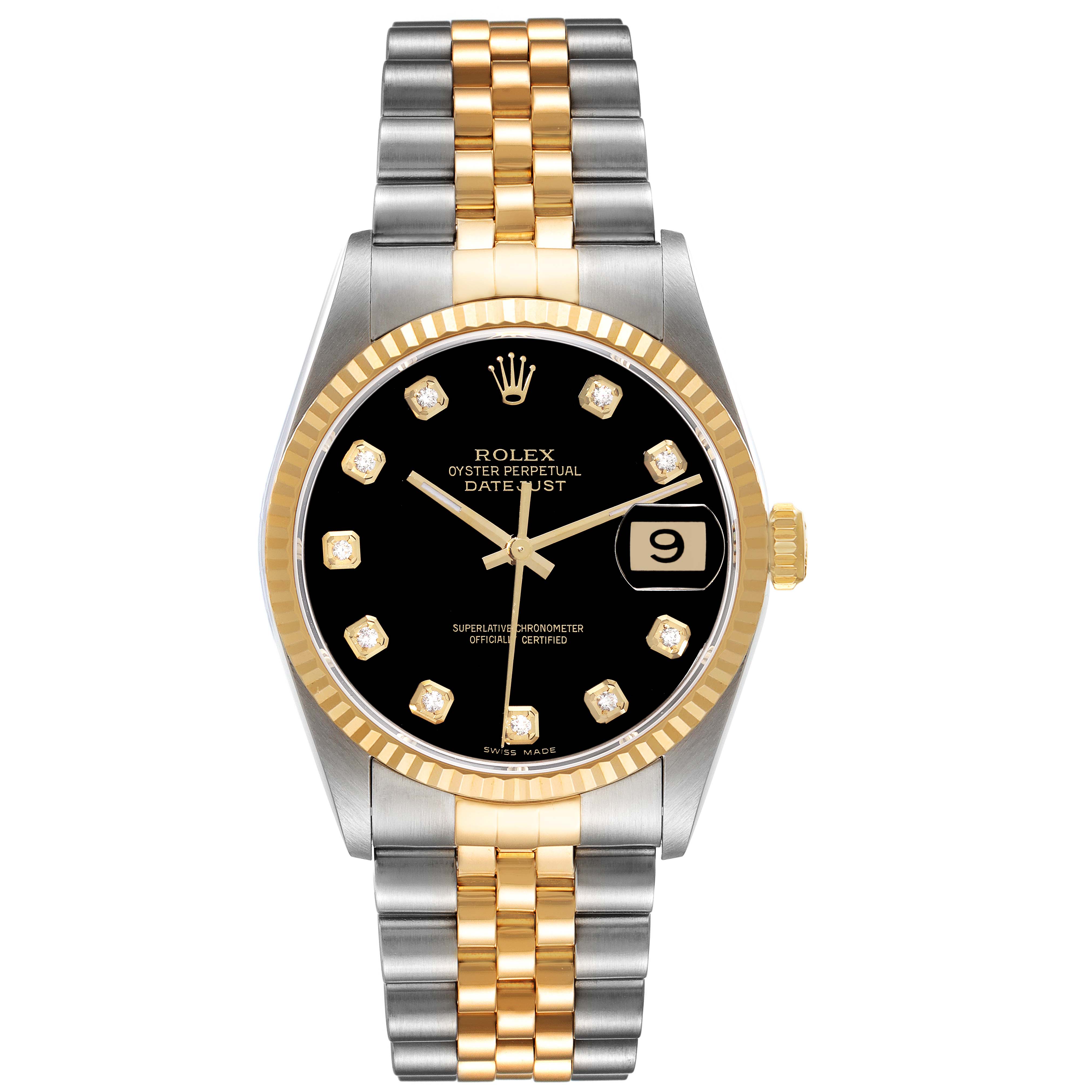 The Rolex Datejust 16233 Men's Steel and Gold (two tone) Black Dial 16233 Men's Steel and Gold (two tone) Black Dial watch is shown from the front, displaying its black dial, gold fluted bezel, and two-tone Jubilee bracelet.