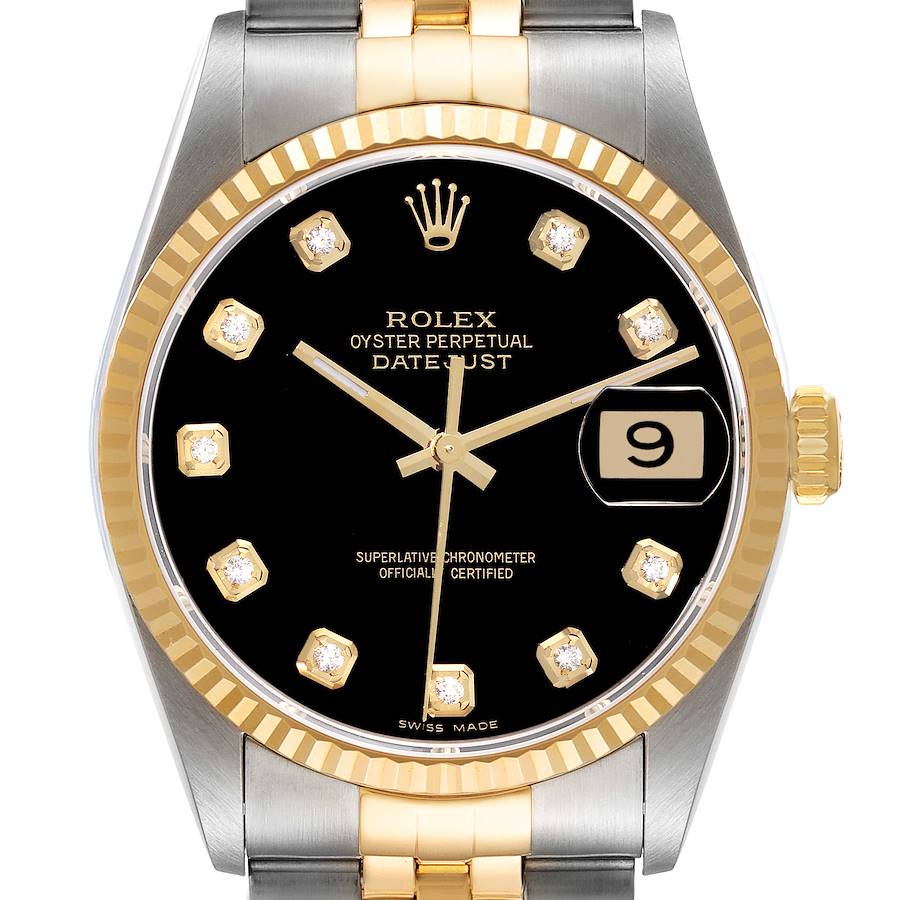 The Rolex Datejust watch is shown from the front, highlighting the dial, crown, and part of the bracelet.