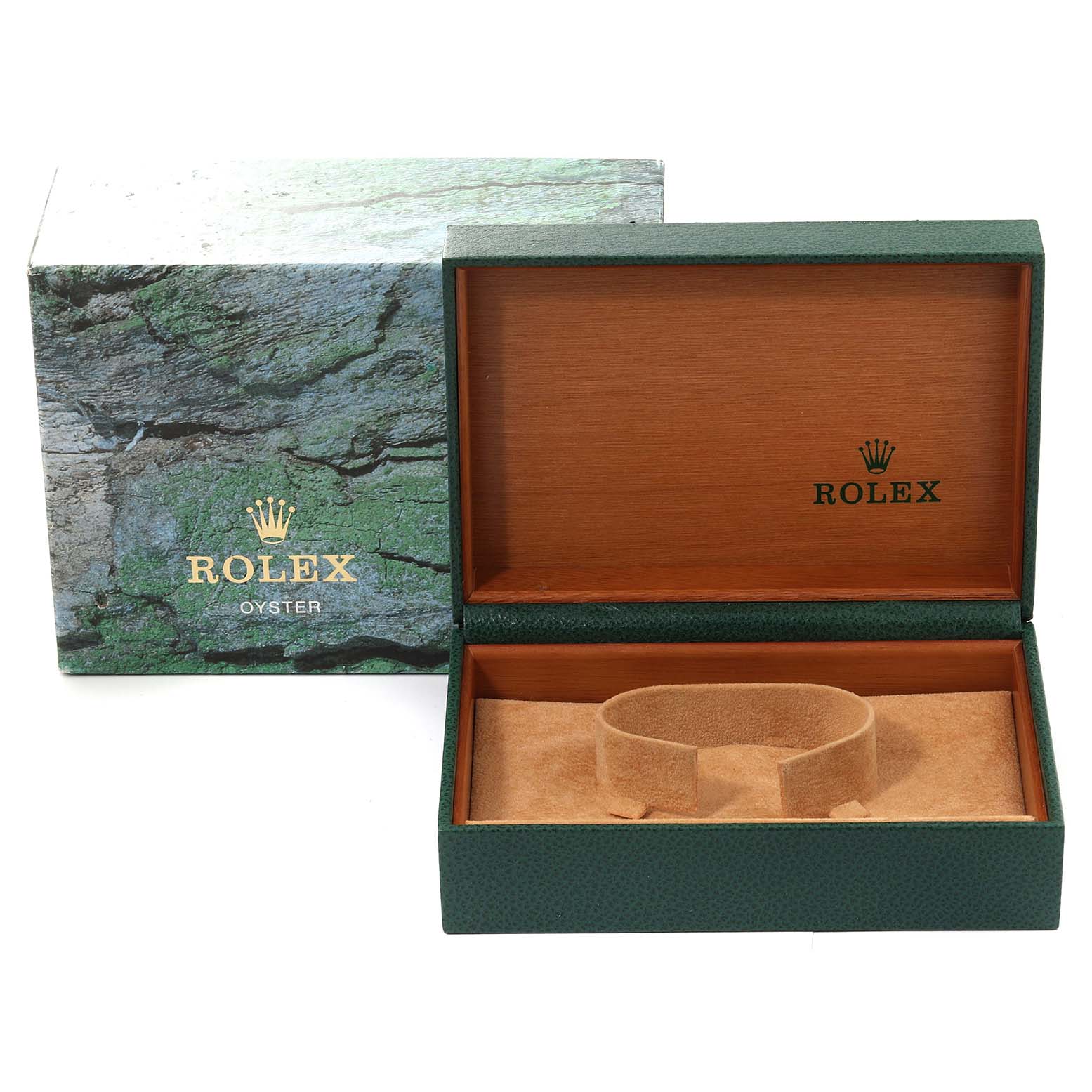 The image shows a Rolex Datejust 16233 Men's Steel and Gold (two tone) Black Dial 16233 Men's Steel and Gold (two tone) Black Dial watch box and outer packaging from a straight-on angle, with the interior lined in beige.
